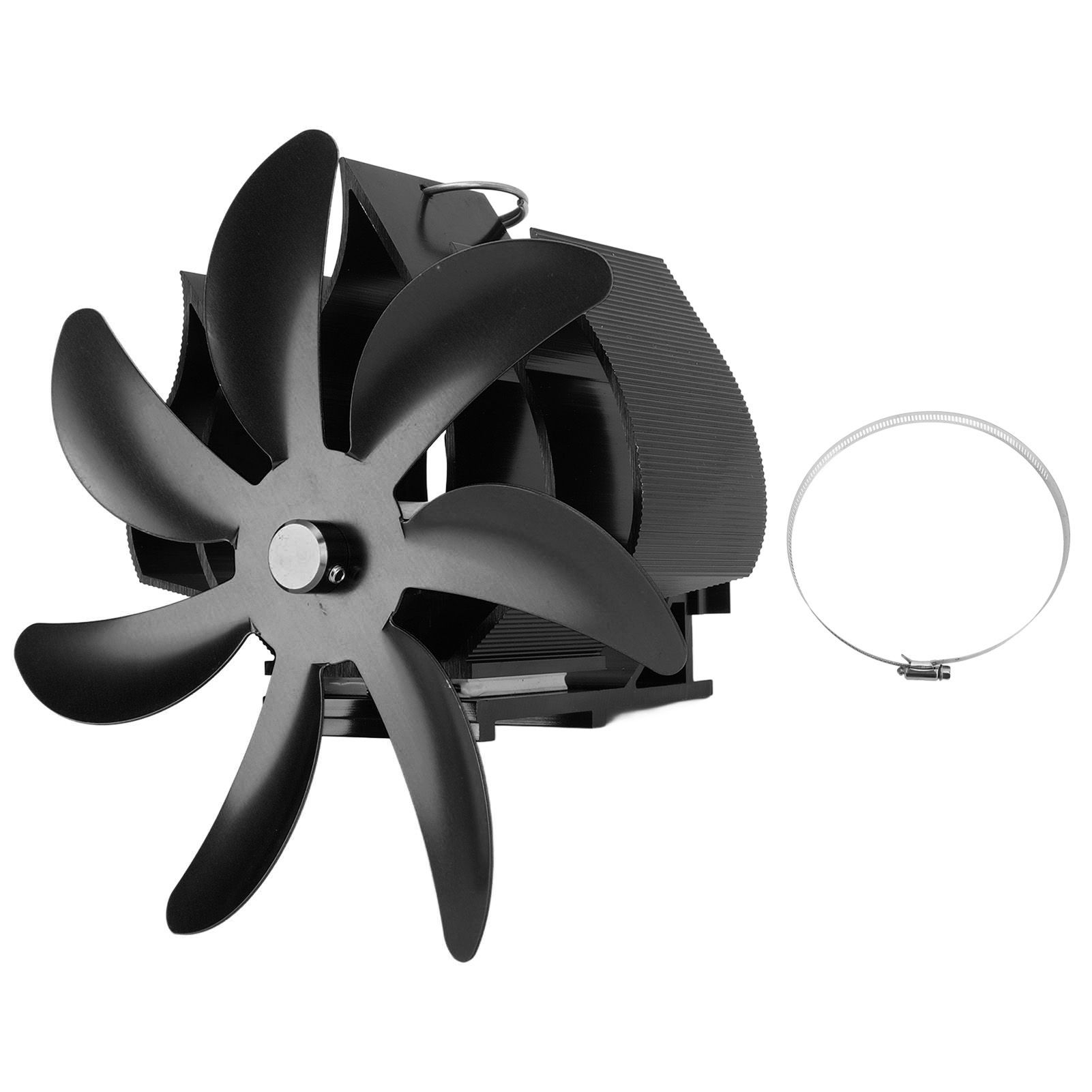 Wood Stove Fan 7 Blade Aluminum Alloy Low Noise Wall Hanging Heat Powered Stove Fan with Fixing Loop for Home Log Burning Stove Camping Black - Image 1
