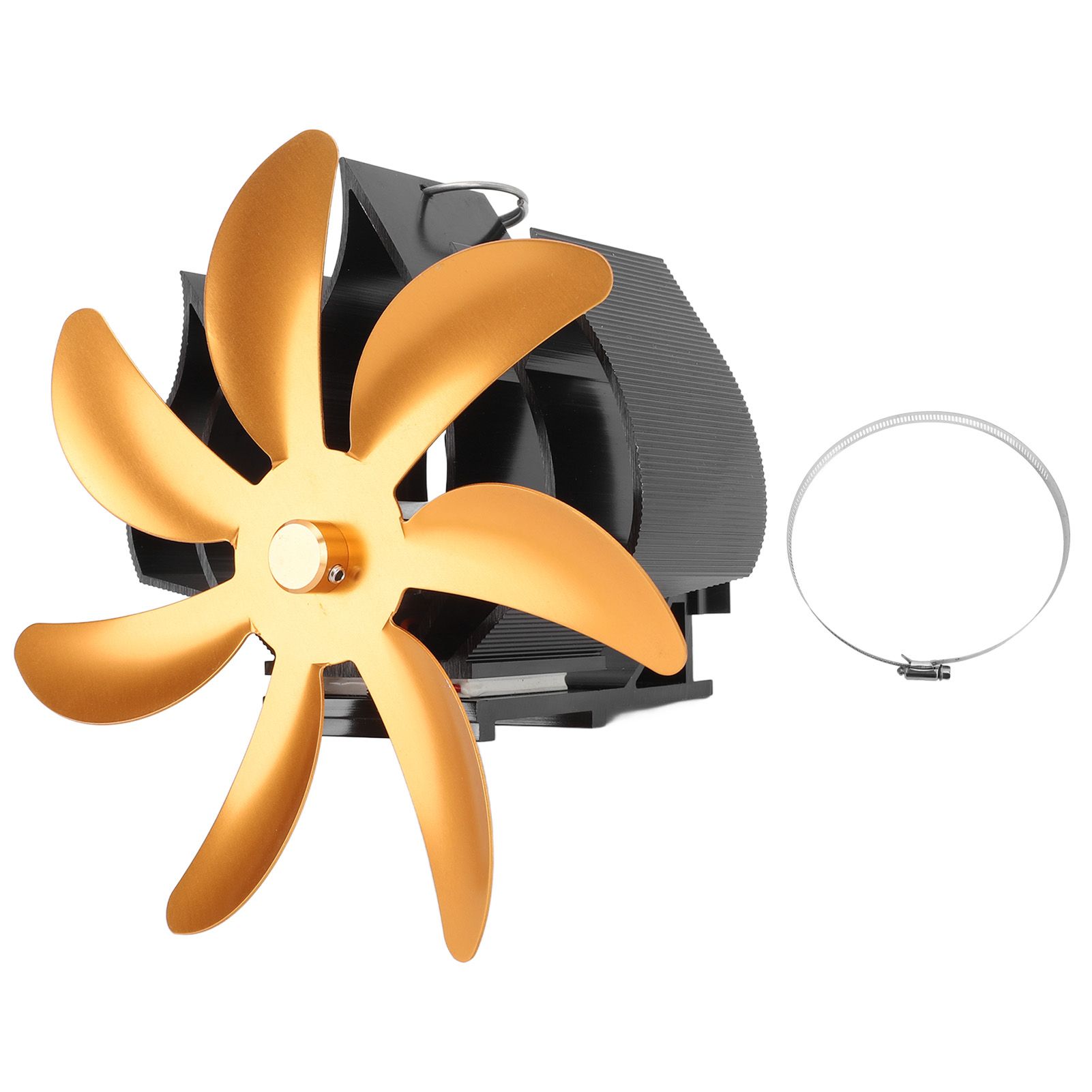 Wood Stove Fan 7 Blade Aluminum Alloy Low Noise Wall Hanging Heat Powered Stove Fan with Fixing Loop for Home Log Burning Stove Camping Gold - Image 1