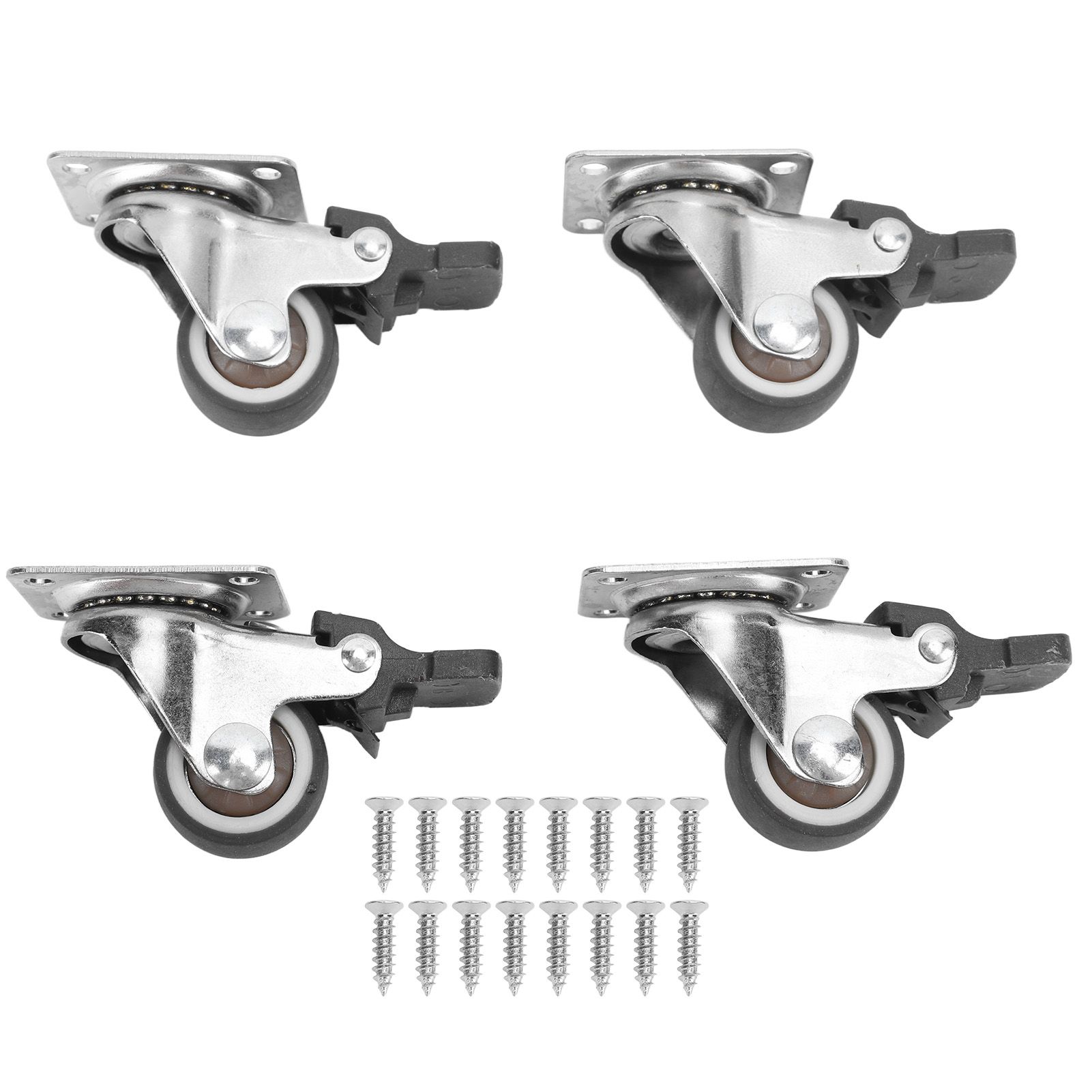 4Pcs Small Caster Wheels 1in Diameter Steel Rubber Rotating Locking Brake Plate Casters with 16 Screws for Furniture - Image 1