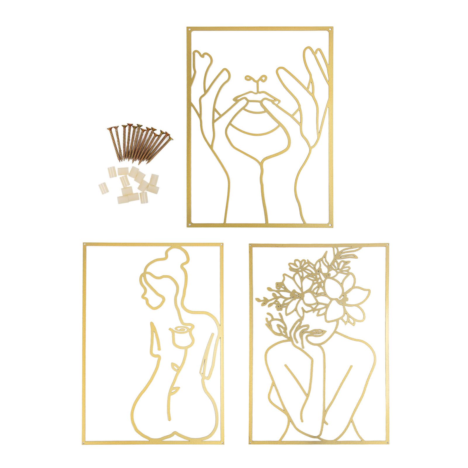 Single Line Art Wall Decor Iron Minimalist Female Line Drawing Home Hanging Wall Decor for Bedroom Kitchen Bathroom Living Room Gold 3PCS - Image 1