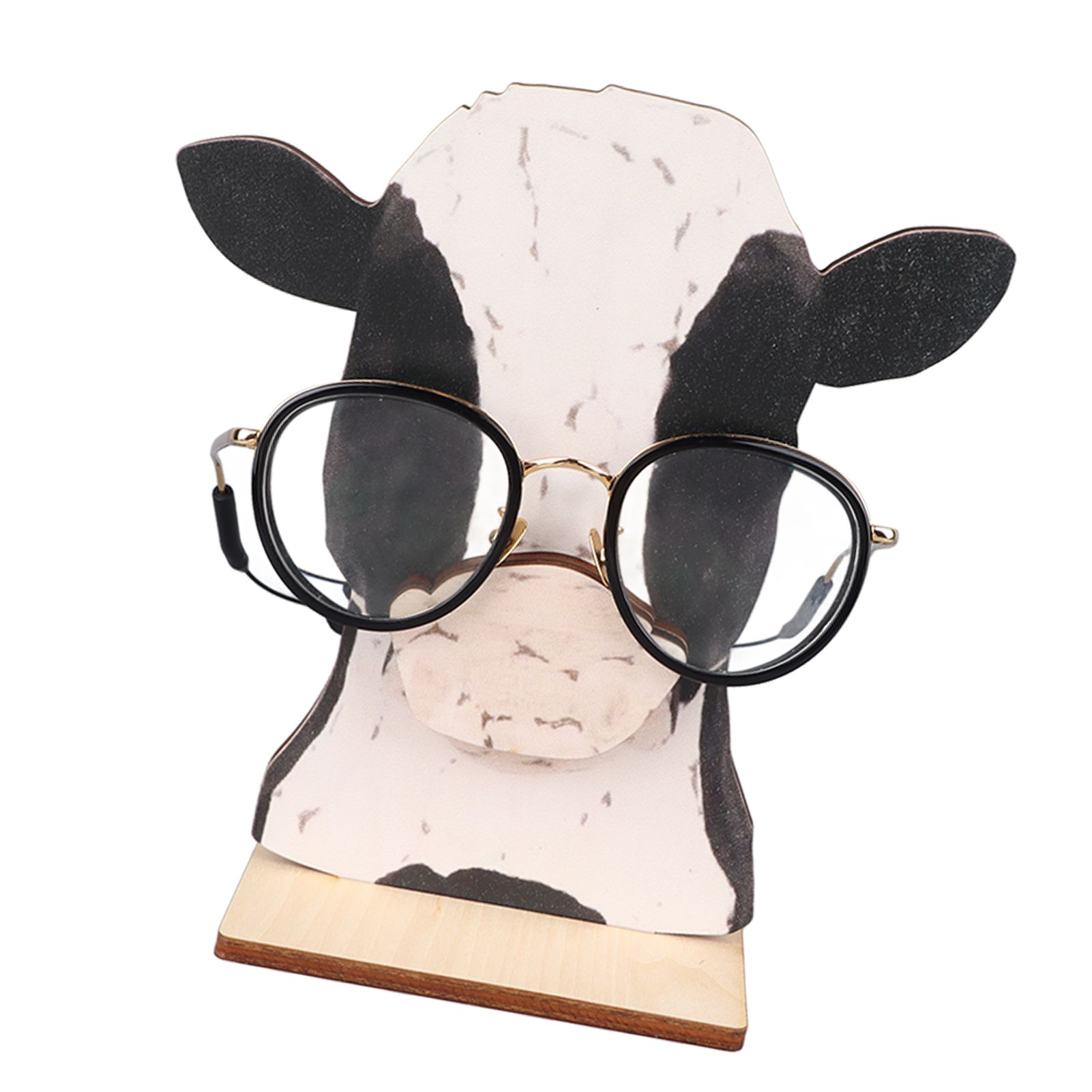 Cow Head Wearing Glasses Statues Wooden Decorative Cow Eyeglasses Display Stand Holder for Desktop Office - Image 1