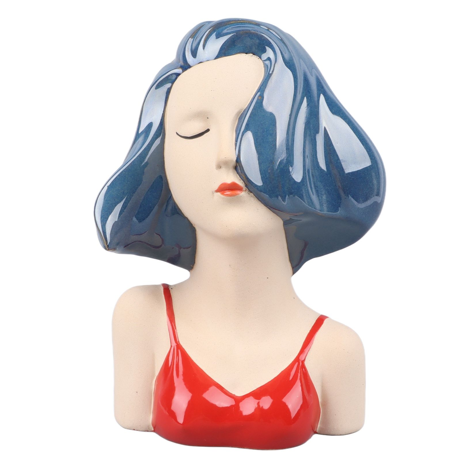 Girl Face Vase Modern Decorative Sculpture Ceramic Head Flower Vase for Living Room Bedroom Office Blue - Image 1