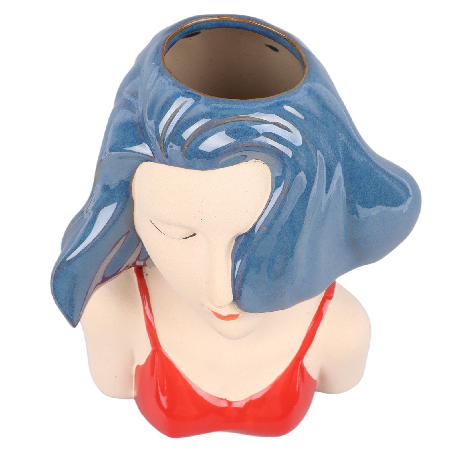 Girl Face Vase Modern Decorative Sculpture Ceramic Head Flower Vase for Living Room Bedroom Office Blue - Image 4