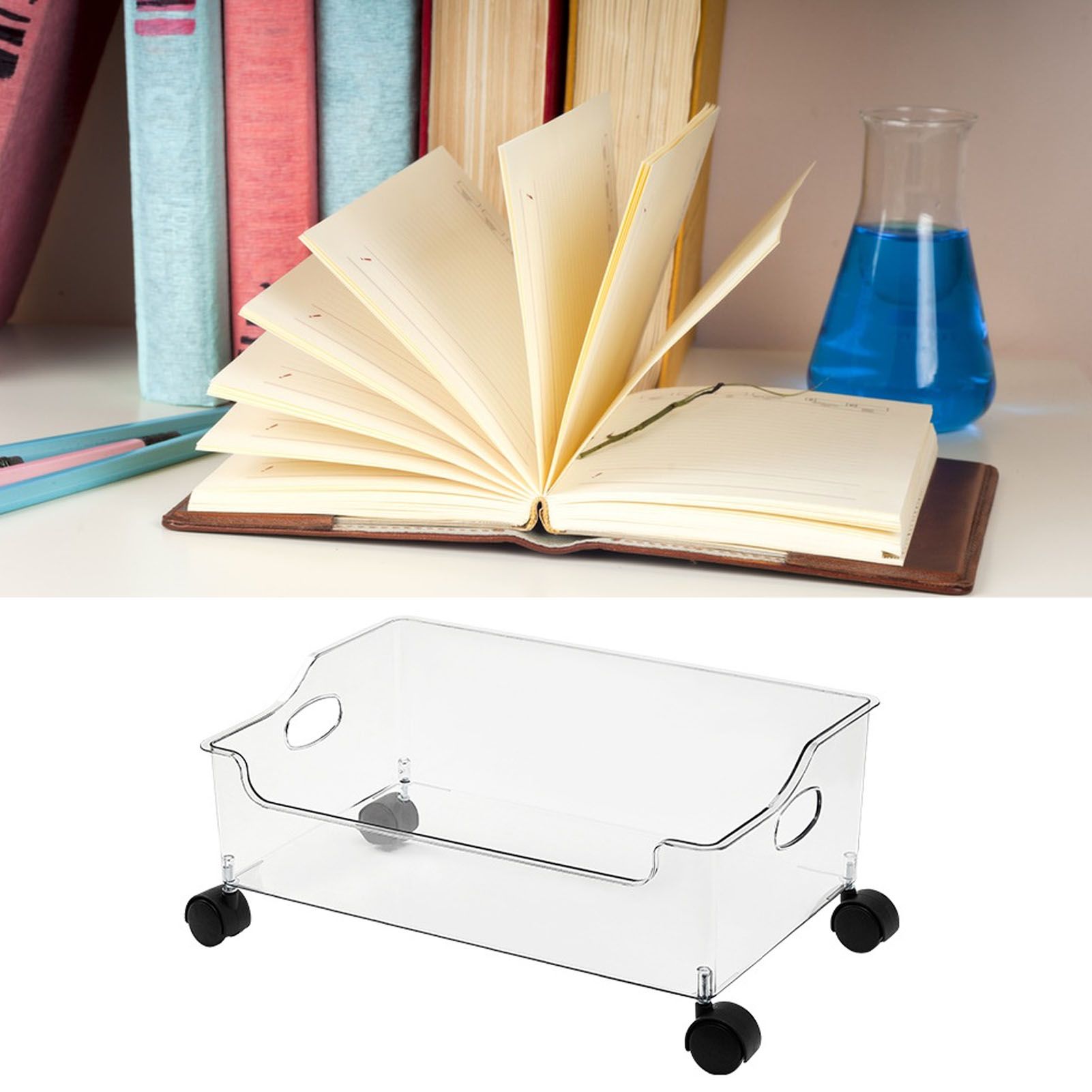 Wheeled Storage Containers Plastic Transparent Under Desk Book Storage Box with Roller for School Dorm Office Bedroom - Image 4