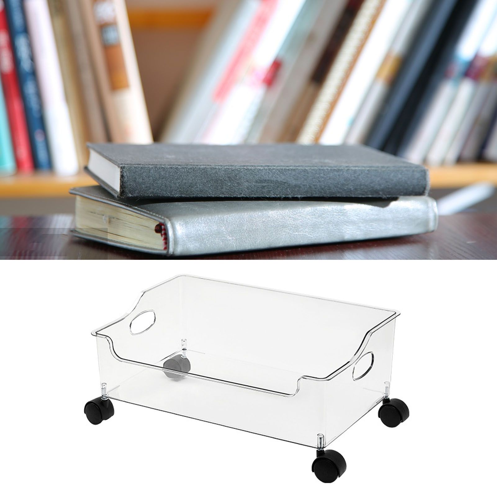 Wheeled Storage Containers Plastic Transparent Under Desk Book Storage Box with Roller for School Dorm Office Bedroom - Image 5