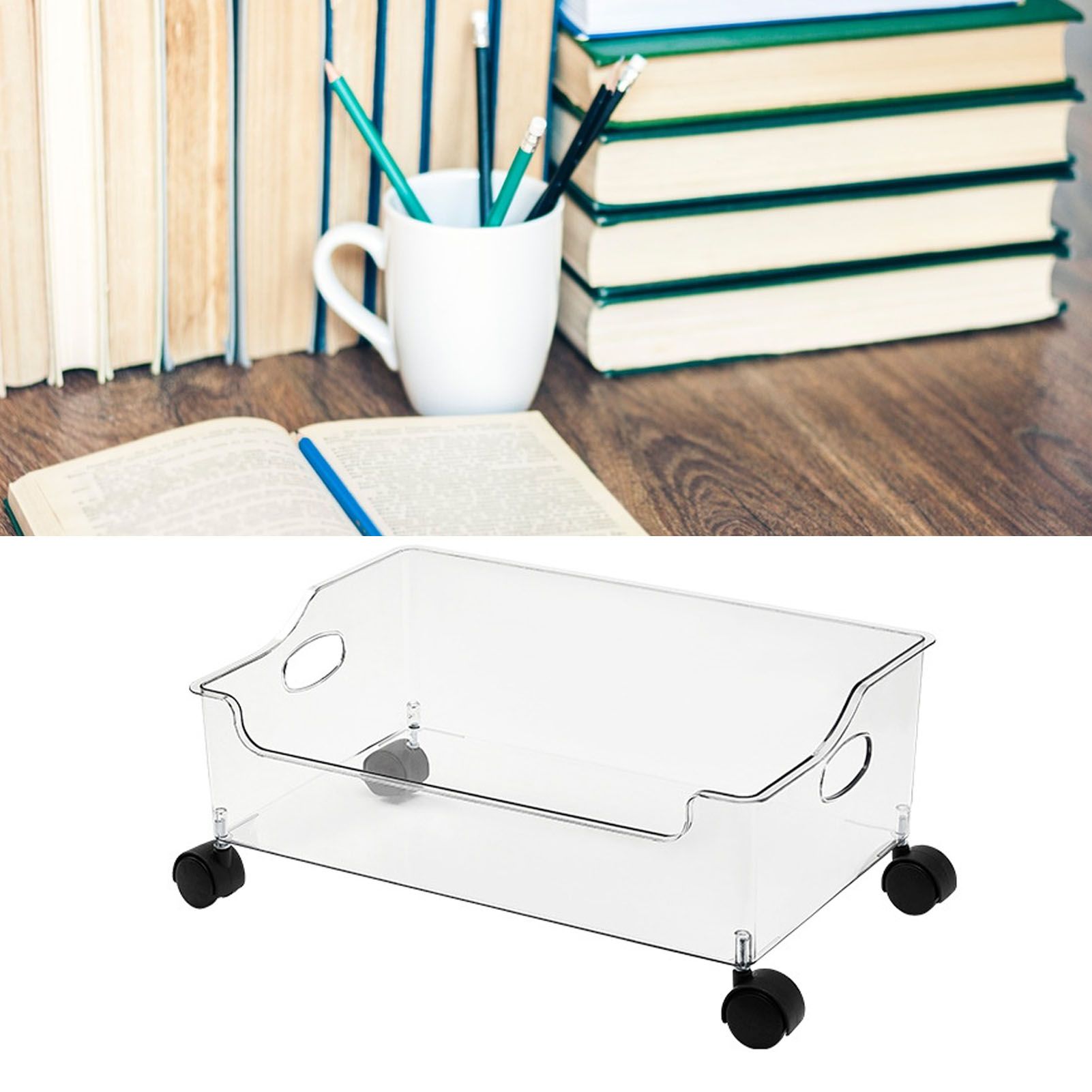 Wheeled Storage Containers Plastic Transparent Under Desk Book Storage Box with Roller for School Dorm Office Bedroom - Image 6