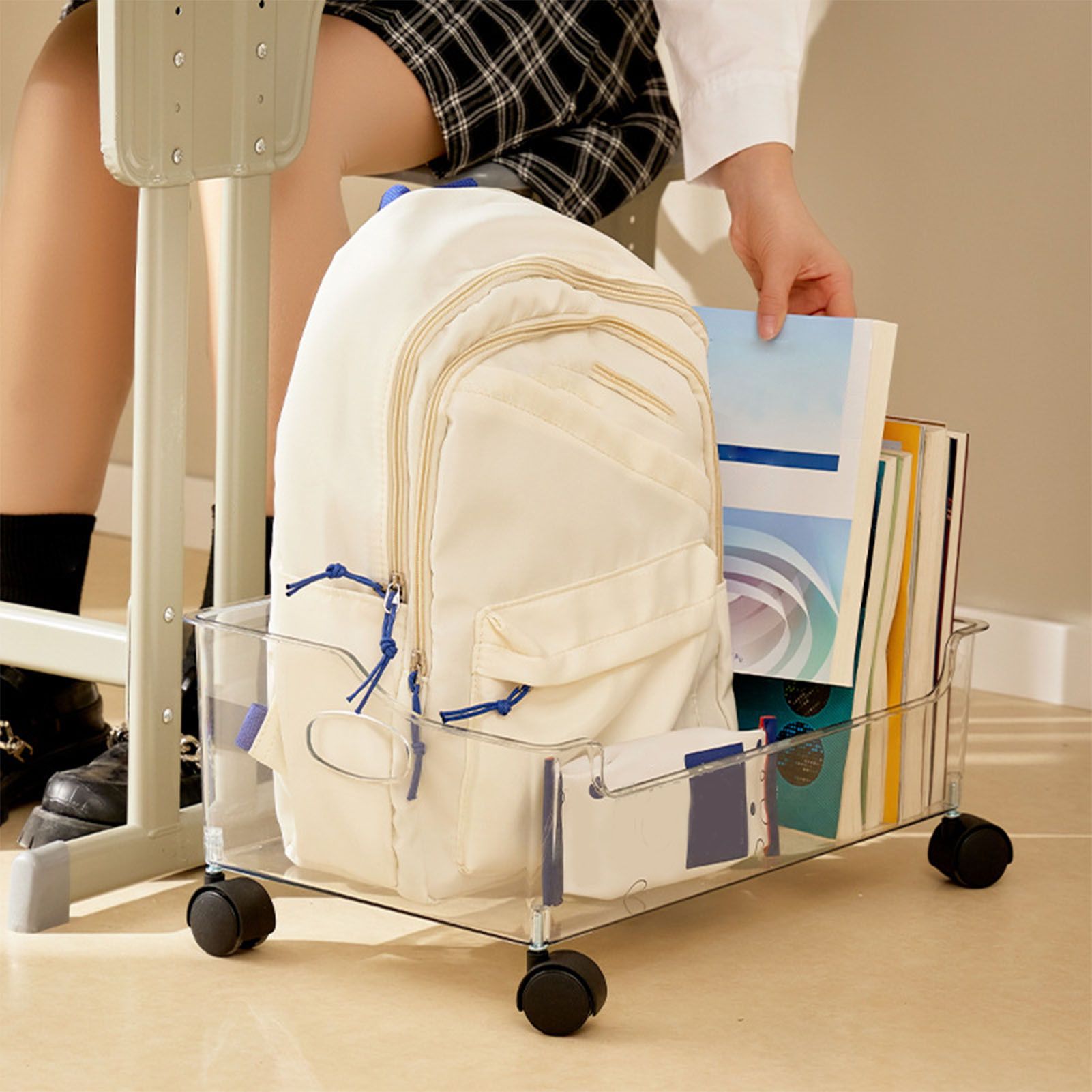 Wheeled Storage Containers Plastic Transparent Under Desk Book Storage Box with Roller for School Dorm Office Bedroom - Image 8