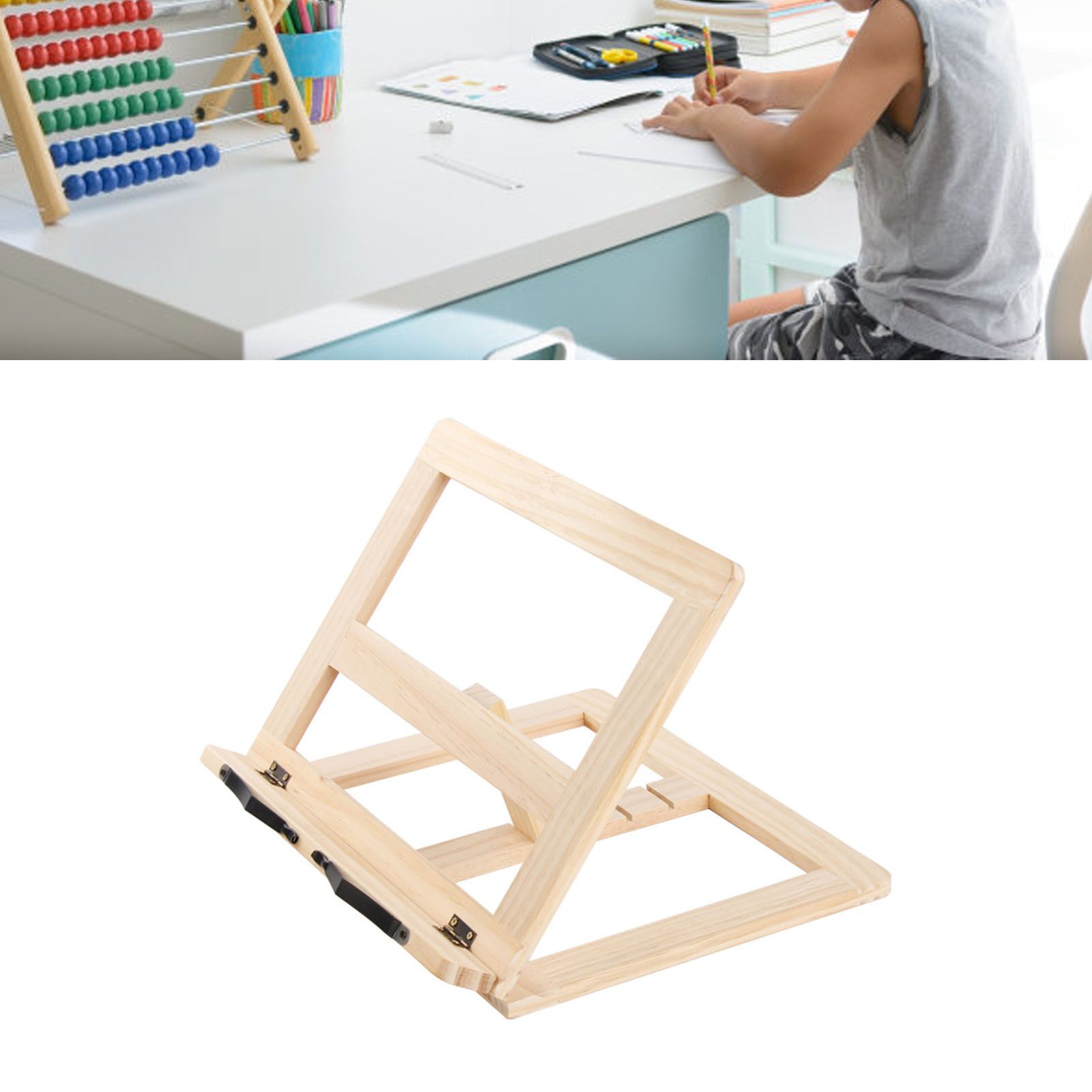 Wooden Book Stand Adjustable Book Holder Reading Stand Recipe Cookbook Holder for Kid Adult Home Iron Clip - Image 5