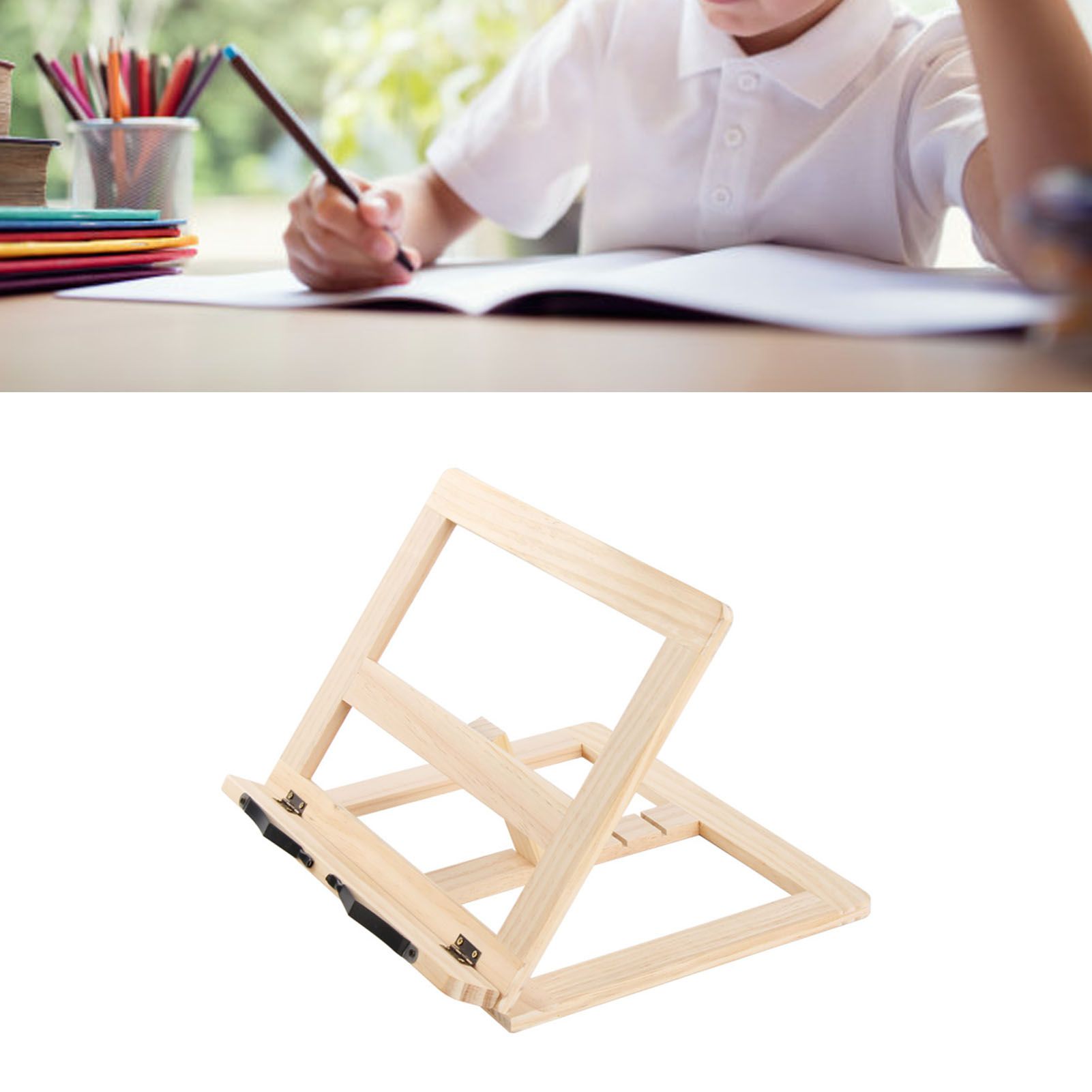 Wooden Book Stand Adjustable Book Holder Reading Stand Recipe Cookbook Holder for Kid Adult Home Iron Clip - Image 6