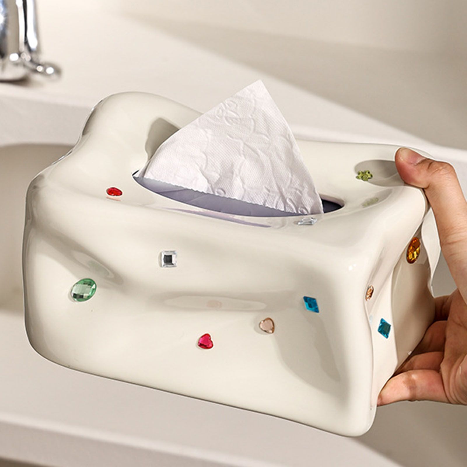 Ceramic Tissue Box Case Holder Decorative Elegant Facial Tissue Napkin Dispenser Box for Dinner Room Beige - Image 6