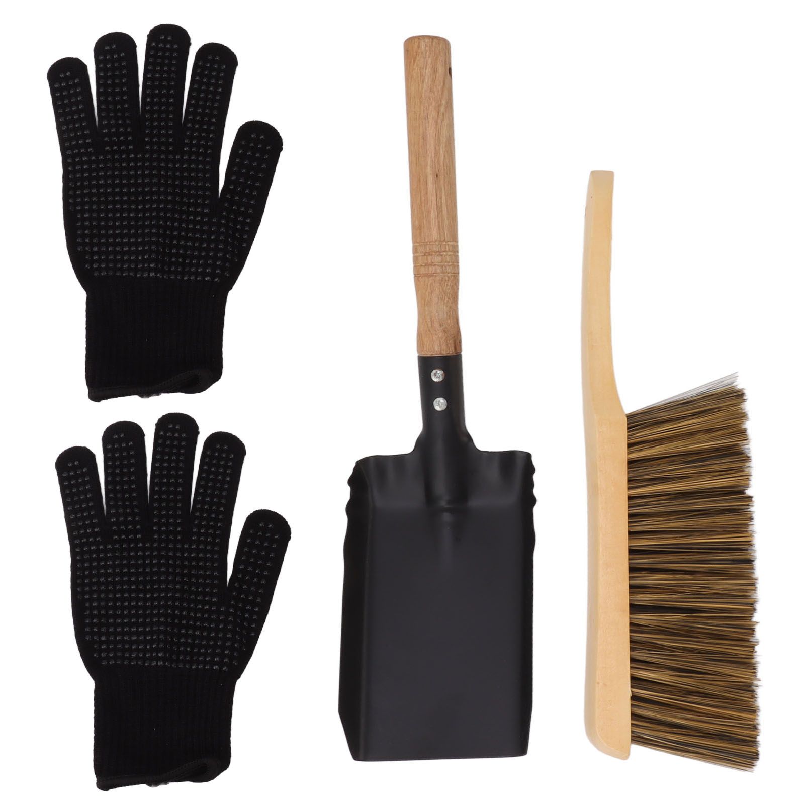 Fireplace Ash Shovel Brush Set Coal Hearth Clean Tools for Home with Black Silicone Gloves - Image 1