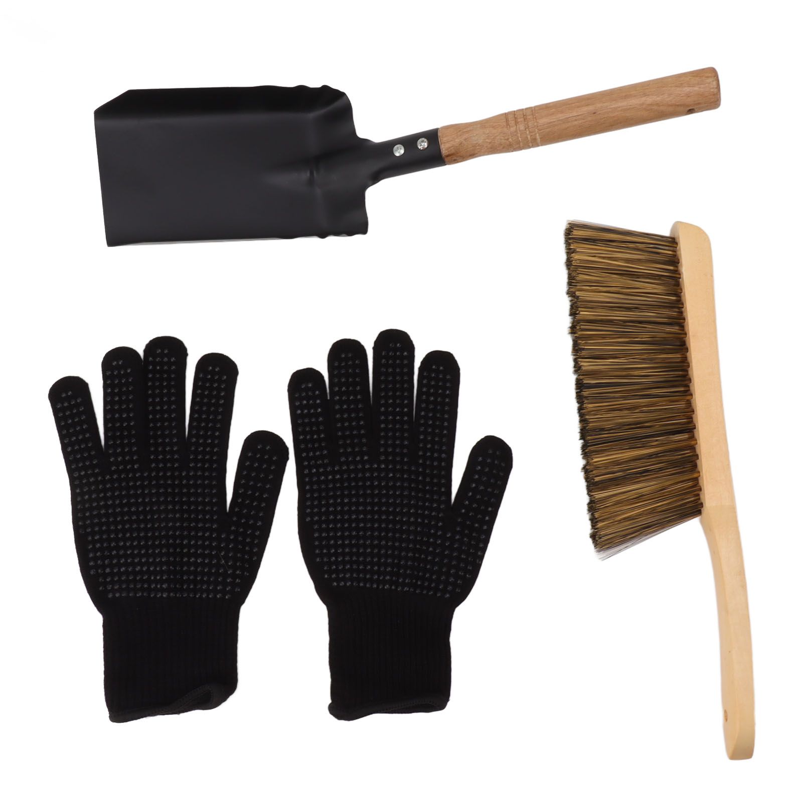 Fireplace Ash Shovel Brush Set Coal Hearth Clean Tools for Home with Black Silicone Gloves - Image 2