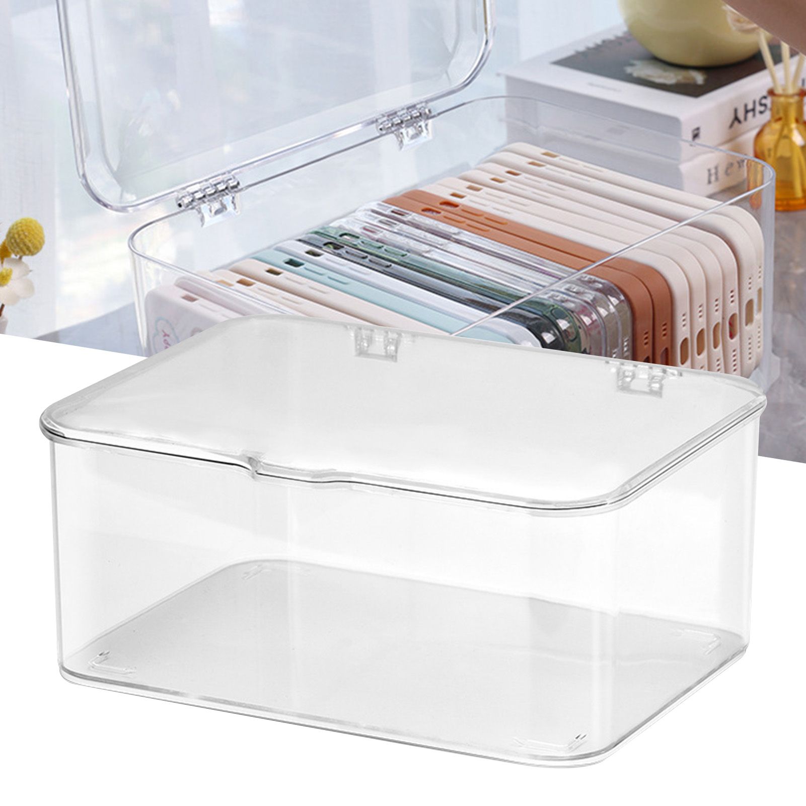 Desk Storage Box Plastic Large Capacity Dustproof Multi Functional Phone Case Storage Holder with Lid Transparent - Image 5