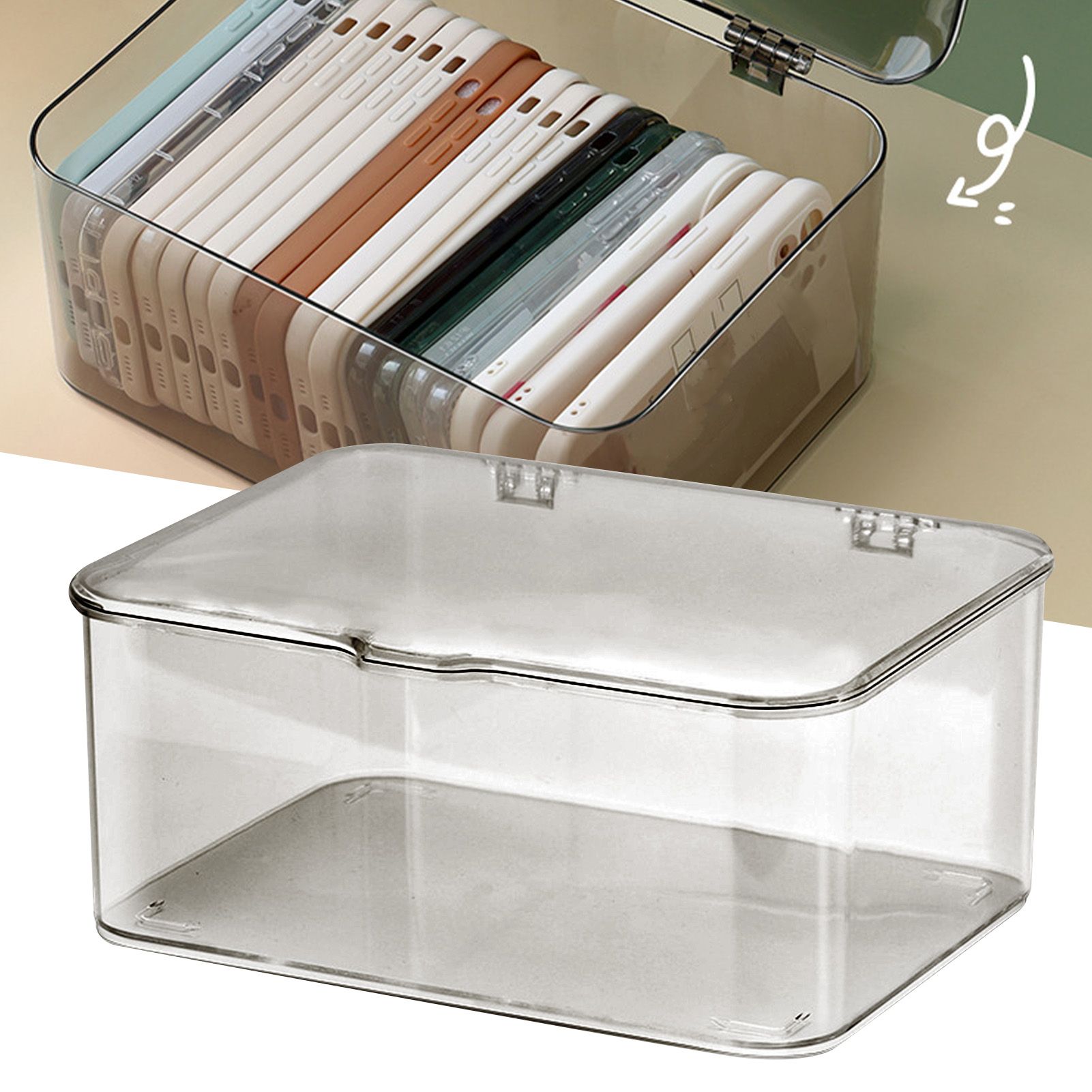 Desk Storage Box Plastic Large Capacity Dustproof Multi Functional Phone Case Storage Holder with Lid Light Gray - Image 5
