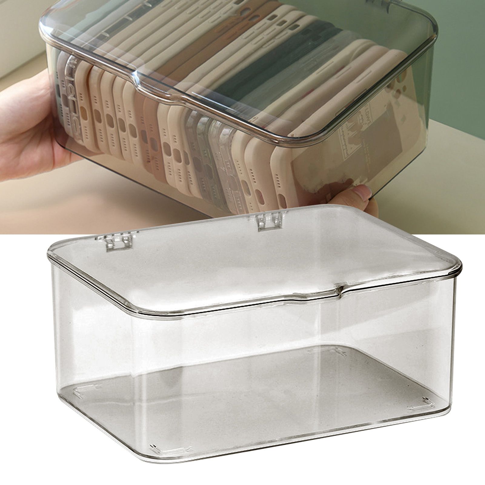 Desk Storage Box Plastic Large Capacity Dustproof Multi Functional Phone Case Storage Holder with Lid Light Gray - Image 6