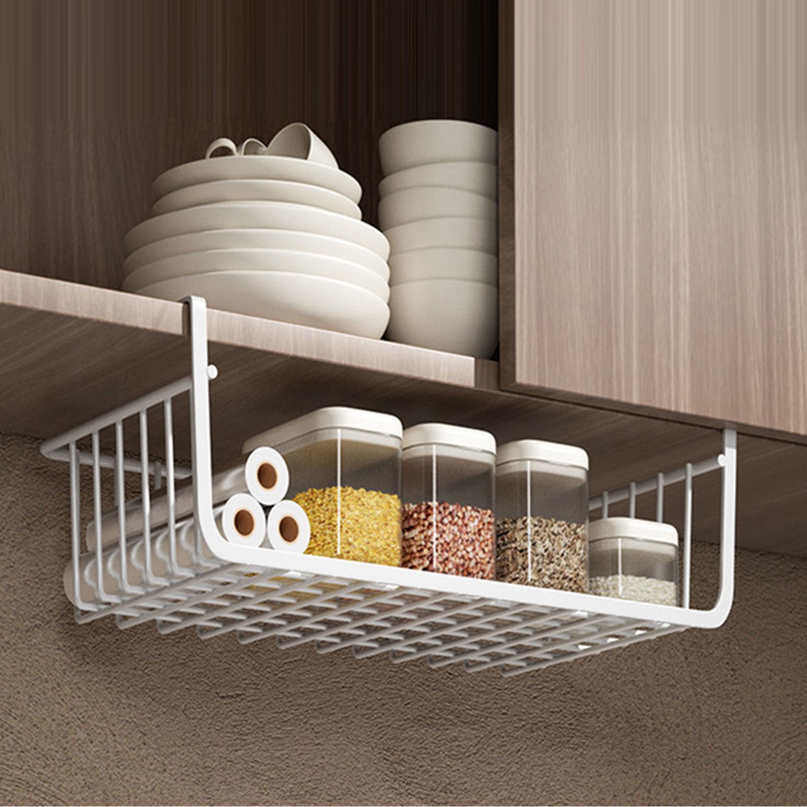 Under Shelf Storage Basket Multipurpose All Metal Under Shelf Wire Basket for Kitchen Office Pantry Desk Bookshelf L White - Image 1