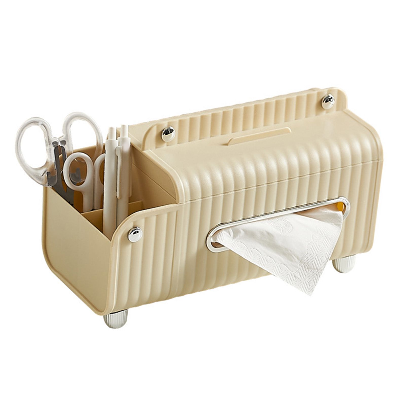 Tissue Box Cover HIPS ABS Multifunctional Desktop Rectangular Napkin Dispenser Holder with Stationery Box for Living Room Bedroom Cream - Image 1