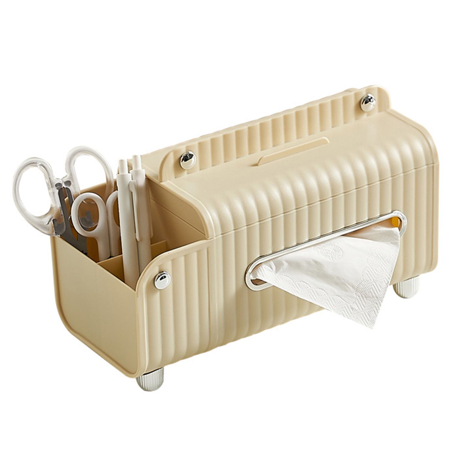 Tissue Box Cover HIPS ABS Multifunctional Desktop Rectangular Napkin Dispenser Holder with Stationery Box for Living Room Bedroom Cream - Image 2