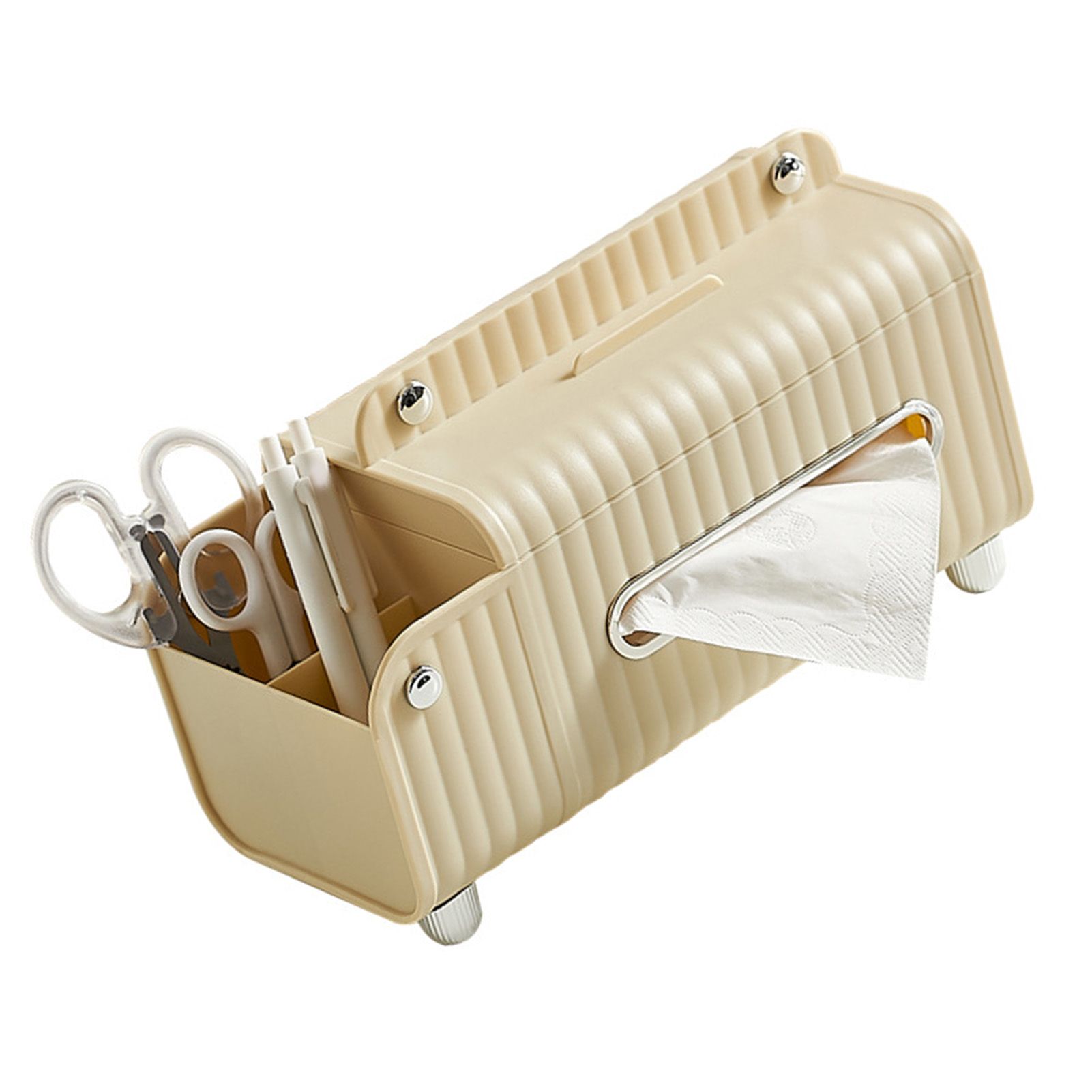 Tissue Box Cover HIPS ABS Multifunctional Desktop Rectangular Napkin Dispenser Holder with Stationery Box for Living Room Bedroom Cream - Image 3