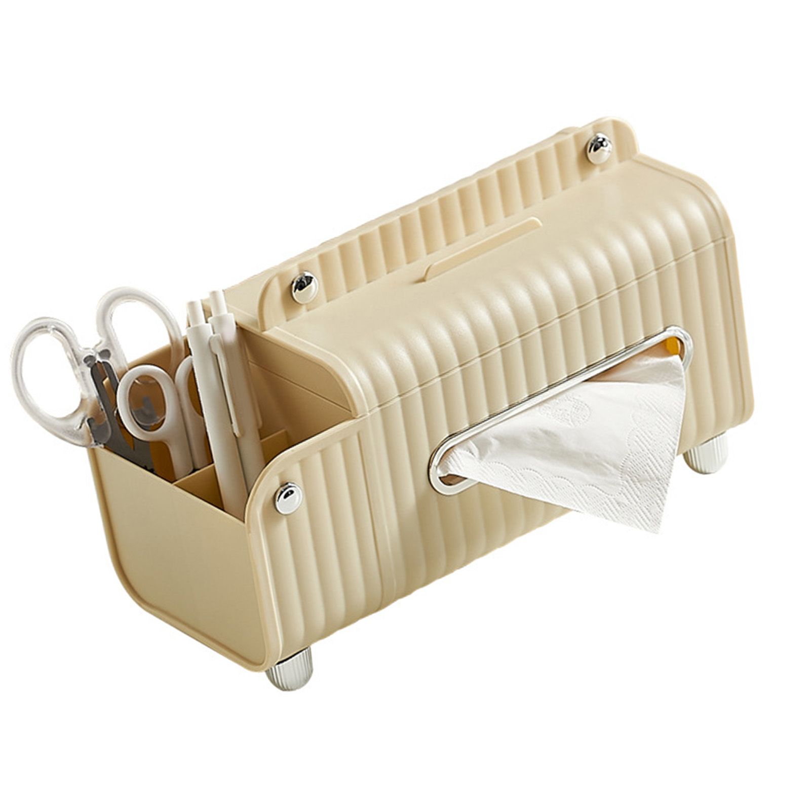 Tissue Box Cover HIPS ABS Multifunctional Desktop Rectangular Napkin Dispenser Holder with Stationery Box for Living Room Bedroom Cream - Image 4