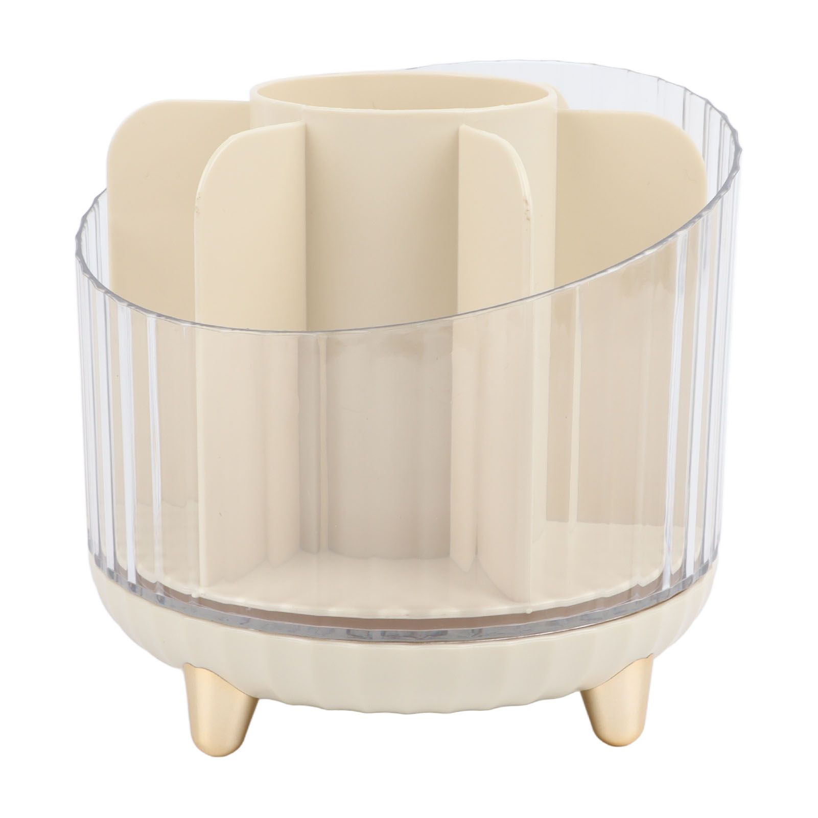 Rotating Makeup Brush Holder 360 Degree Rotating Makeup Brush Organizer Desktop Large Capacity Lipstick Cosmetics Storage Box Cream White - Image 4