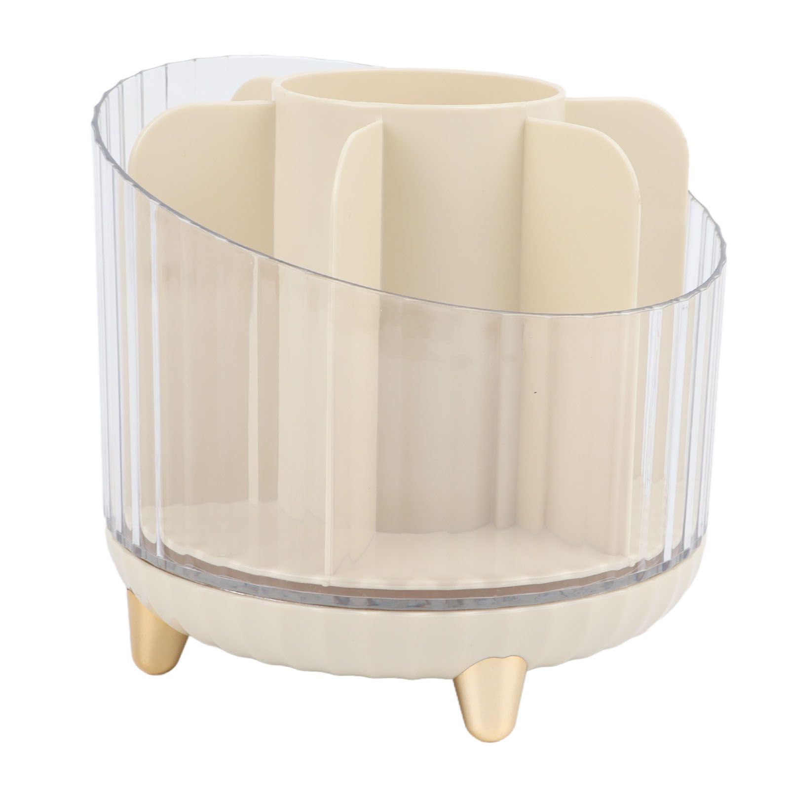 Rotating Makeup Brush Holder 360 Degree Rotating Makeup Brush Organizer Desktop Large Capacity Lipstick Cosmetics Storage Box Cream White - Image 5