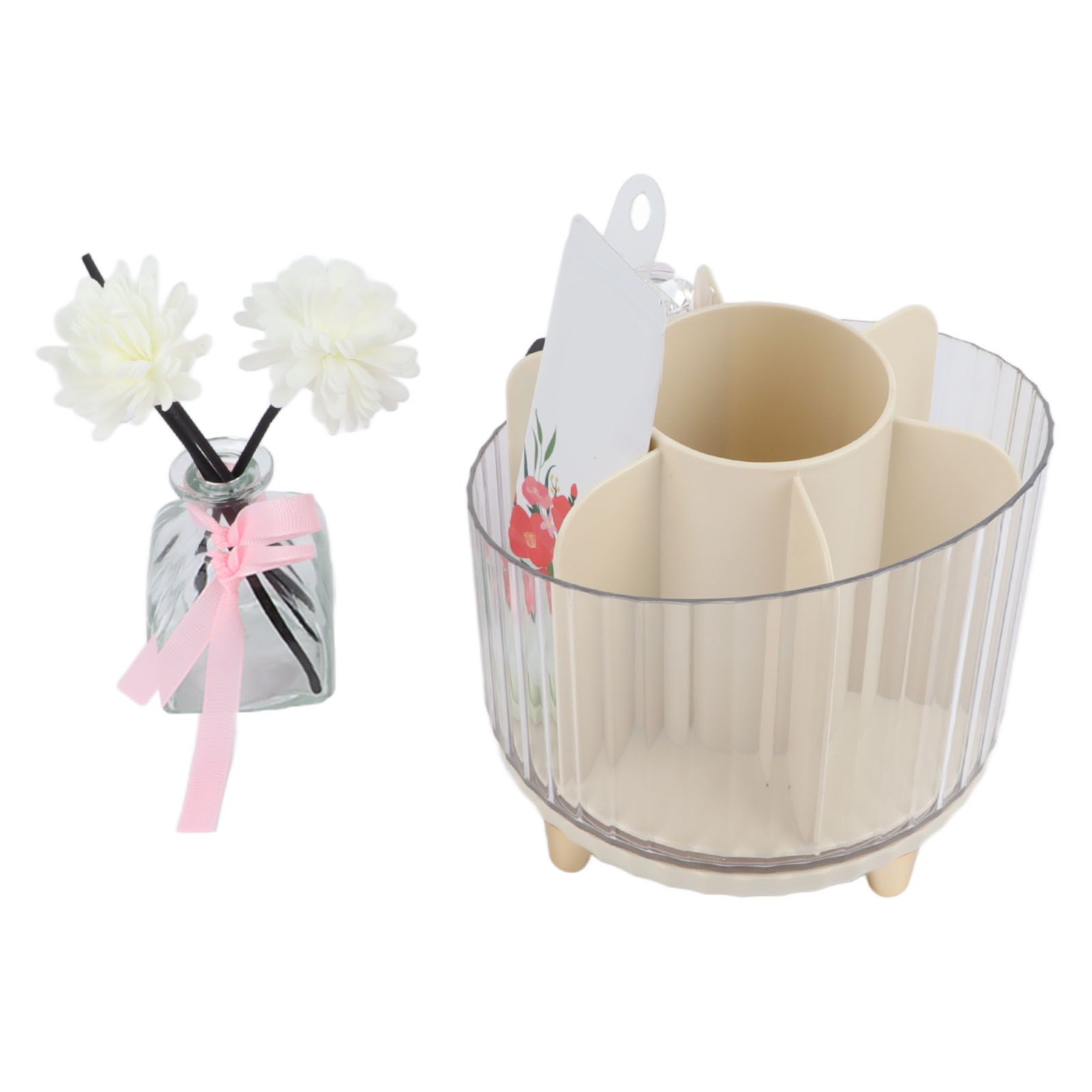 Rotating Makeup Brush Holder 360 Degree Rotating Makeup Brush Organizer Desktop Large Capacity Lipstick Cosmetics Storage Box Cream White - Image 8