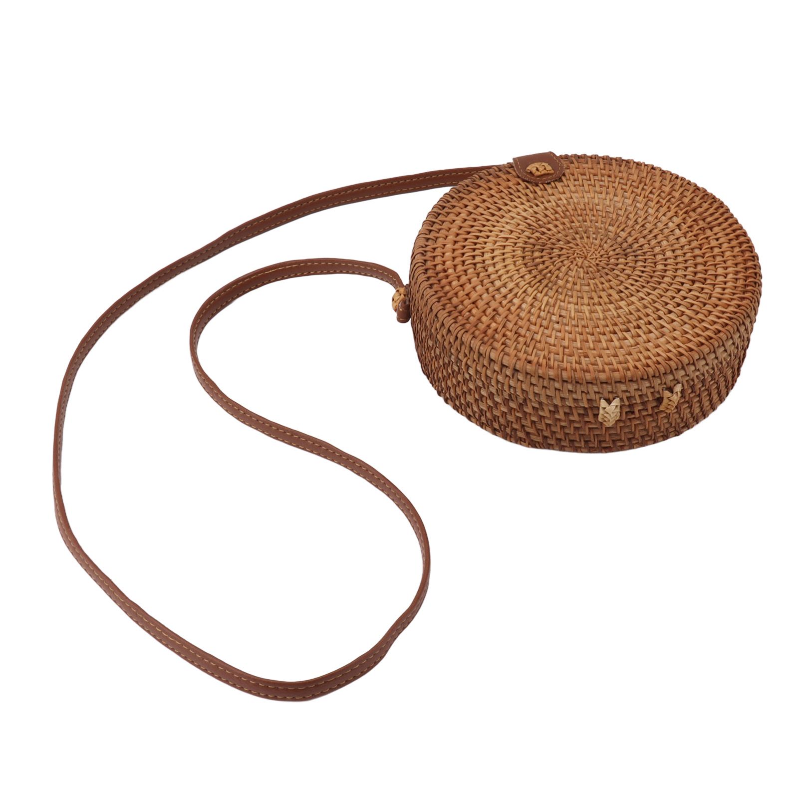 Handwoven Round Rattan Bag Tropical Beach Style Woven Shoulder Rattan Bag with Leather Strap 20cm Diameter Plain Colour Leather Buckle with Lining - Image 1