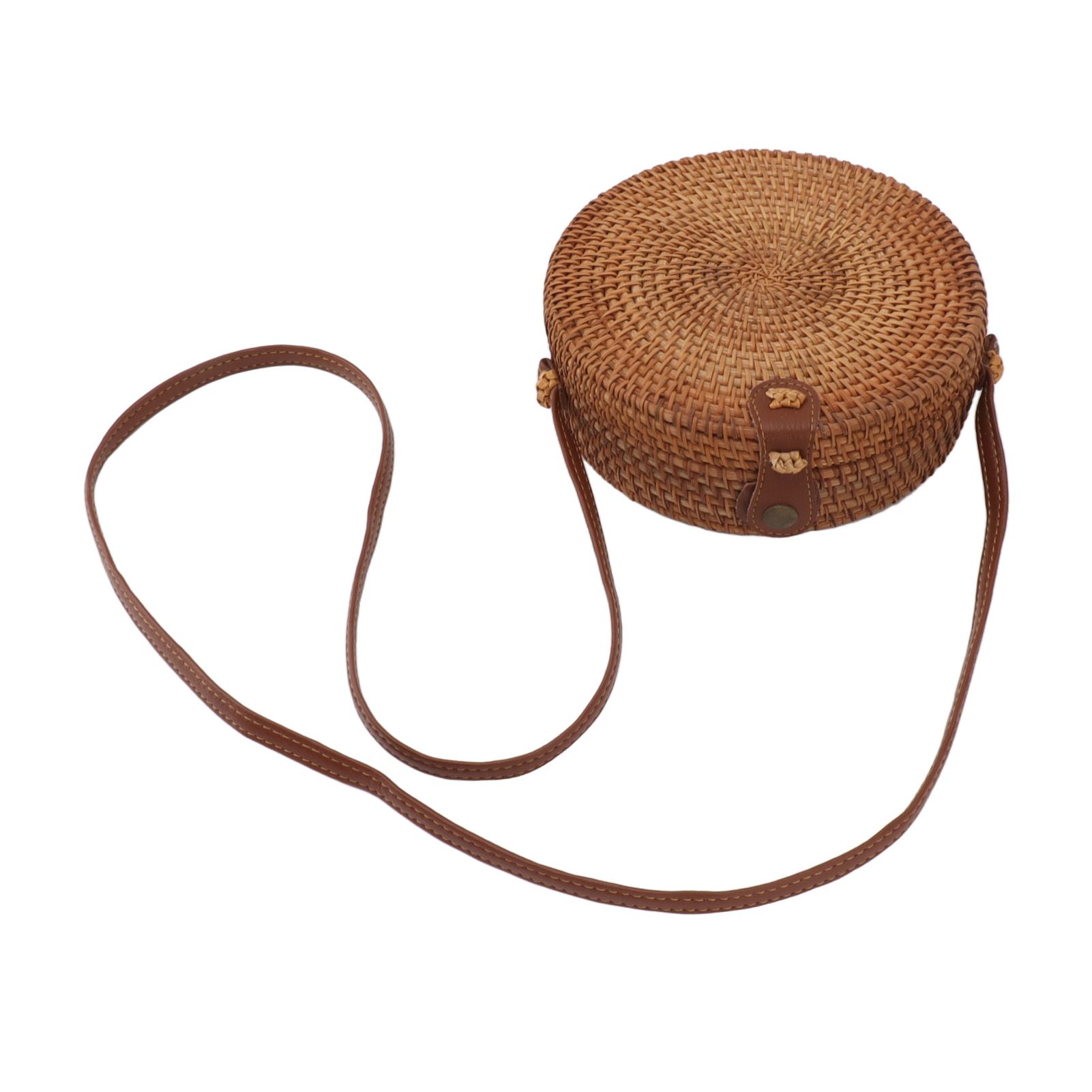 Handwoven Round Rattan Bag Tropical Beach Style Woven Shoulder Rattan Bag with Leather Strap 20cm Diameter Plain Colour Leather Buckle with Lining - Image 2