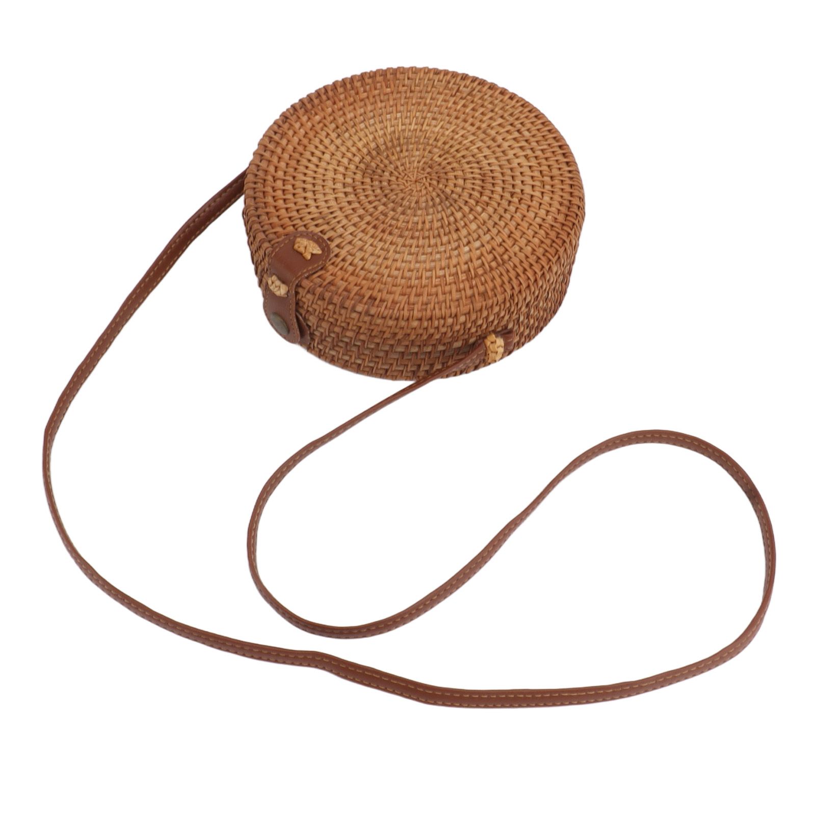 Handwoven Round Rattan Bag Tropical Beach Style Woven Shoulder Rattan Bag with Leather Strap 20cm Diameter Plain Colour Leather Buckle with Lining - Image 3