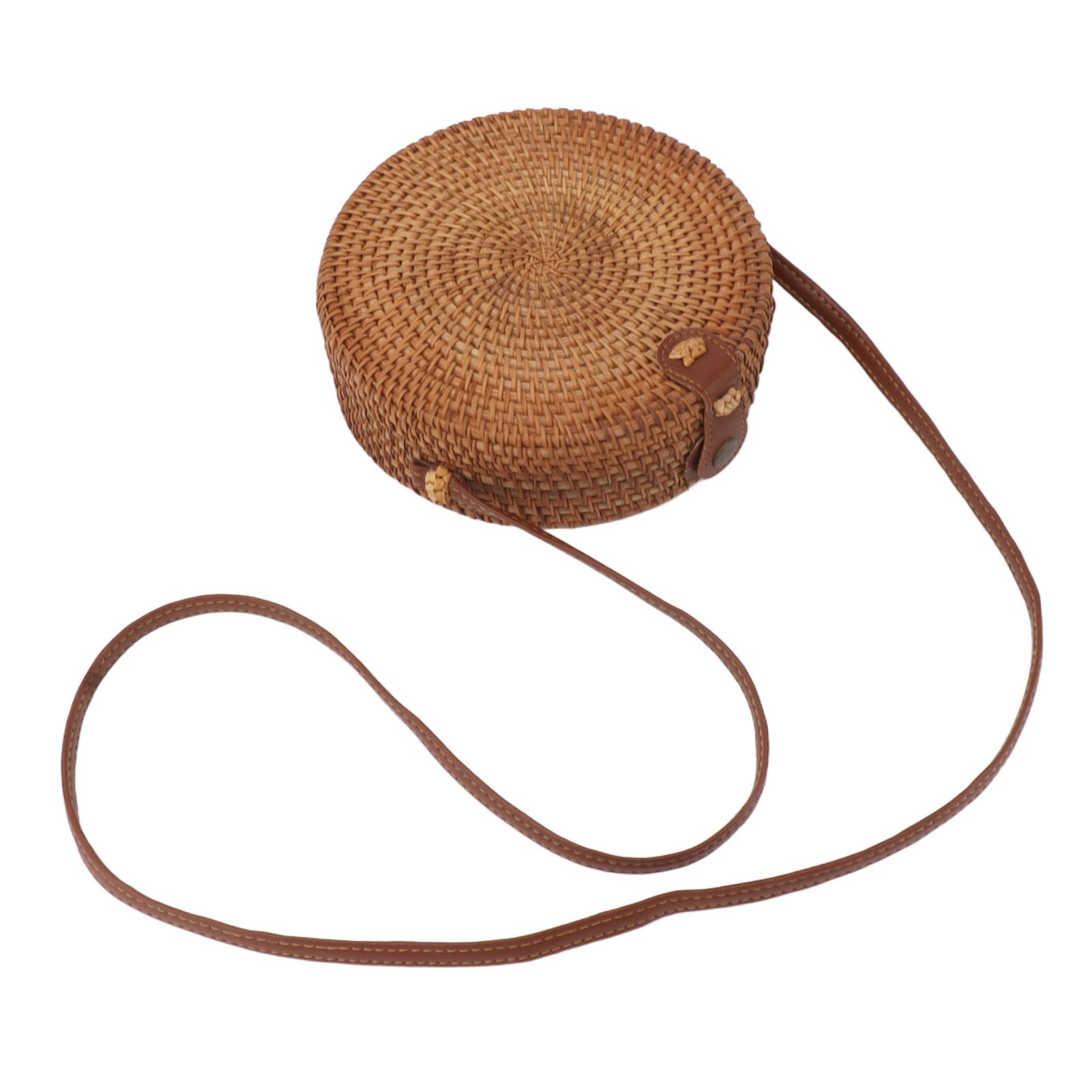 Handwoven Round Rattan Bag Tropical Beach Style Woven Shoulder Rattan Bag with Leather Strap 20cm Diameter Plain Colour Leather Buckle with Lining - Image 4
