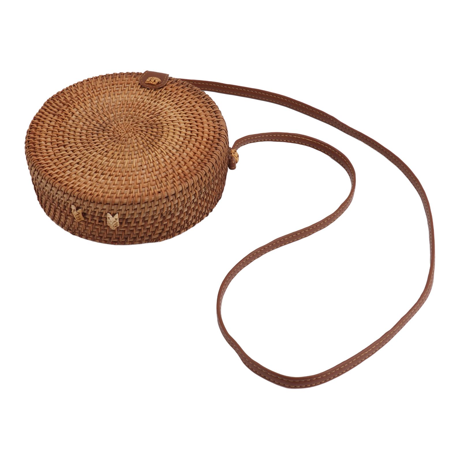 Handwoven Round Rattan Bag Tropical Beach Style Woven Shoulder Rattan Bag with Leather Strap 20cm Diameter Plain Colour Leather Buckle with Lining - Image 5