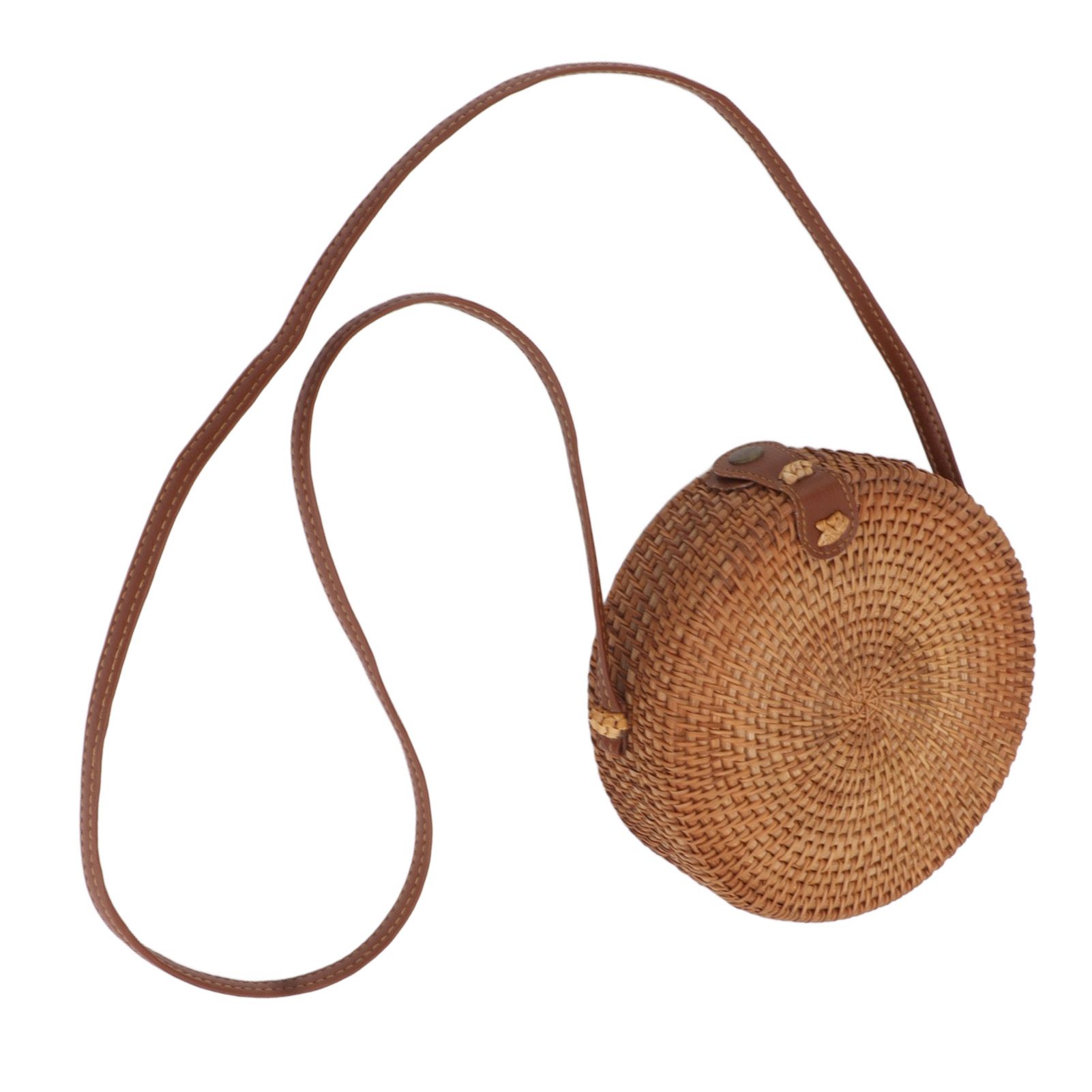 Handwoven Round Rattan Bag Tropical Beach Style Woven Shoulder Rattan Bag with Leather Strap 20cm Diameter Plain Colour Leather Buckle with Lining - Image 6