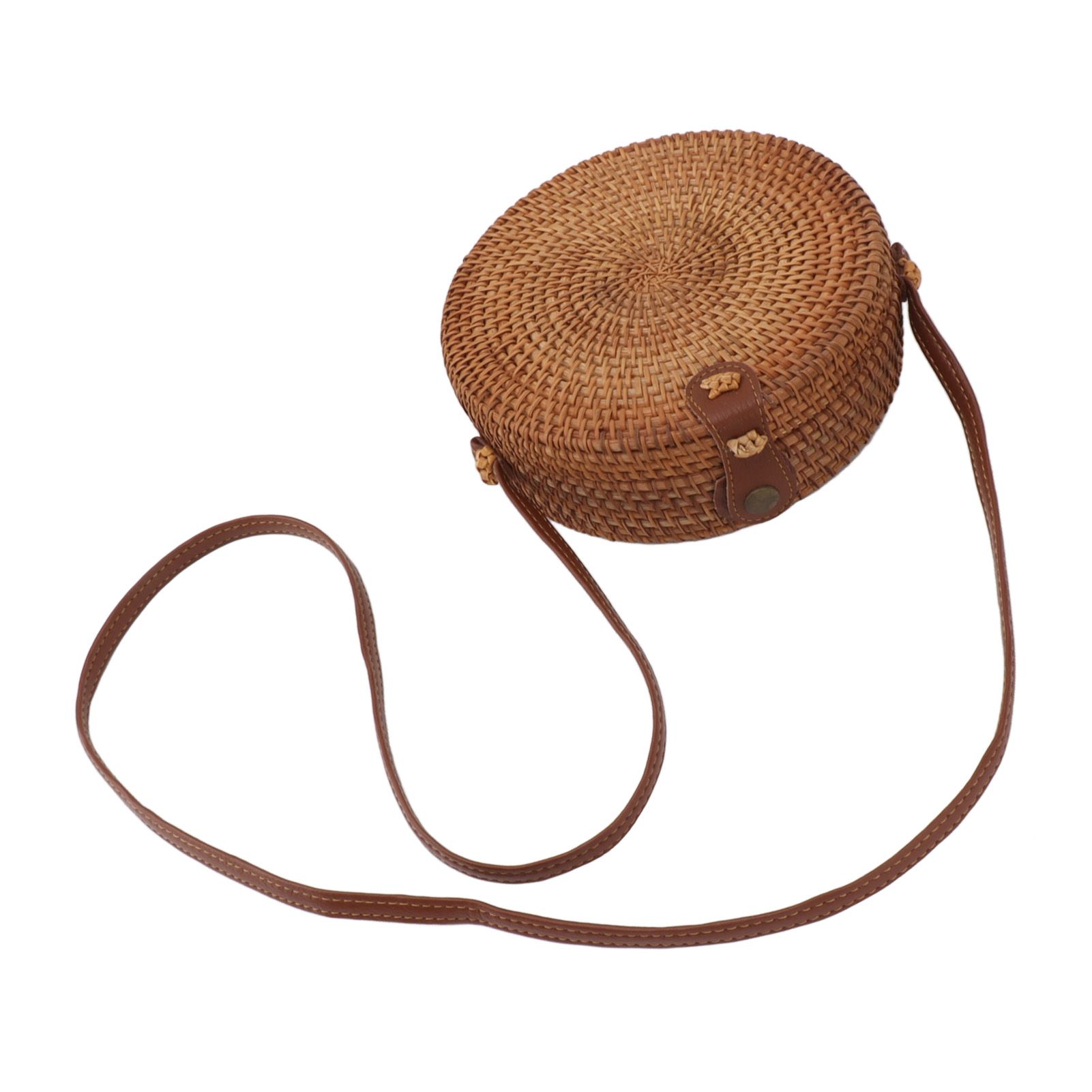 Handwoven Round Rattan Bag Tropical Beach Style Woven Shoulder Rattan Bag with Leather Strap 20cm Diameter Plain Colour Leather Buckle with Lining - Image 7