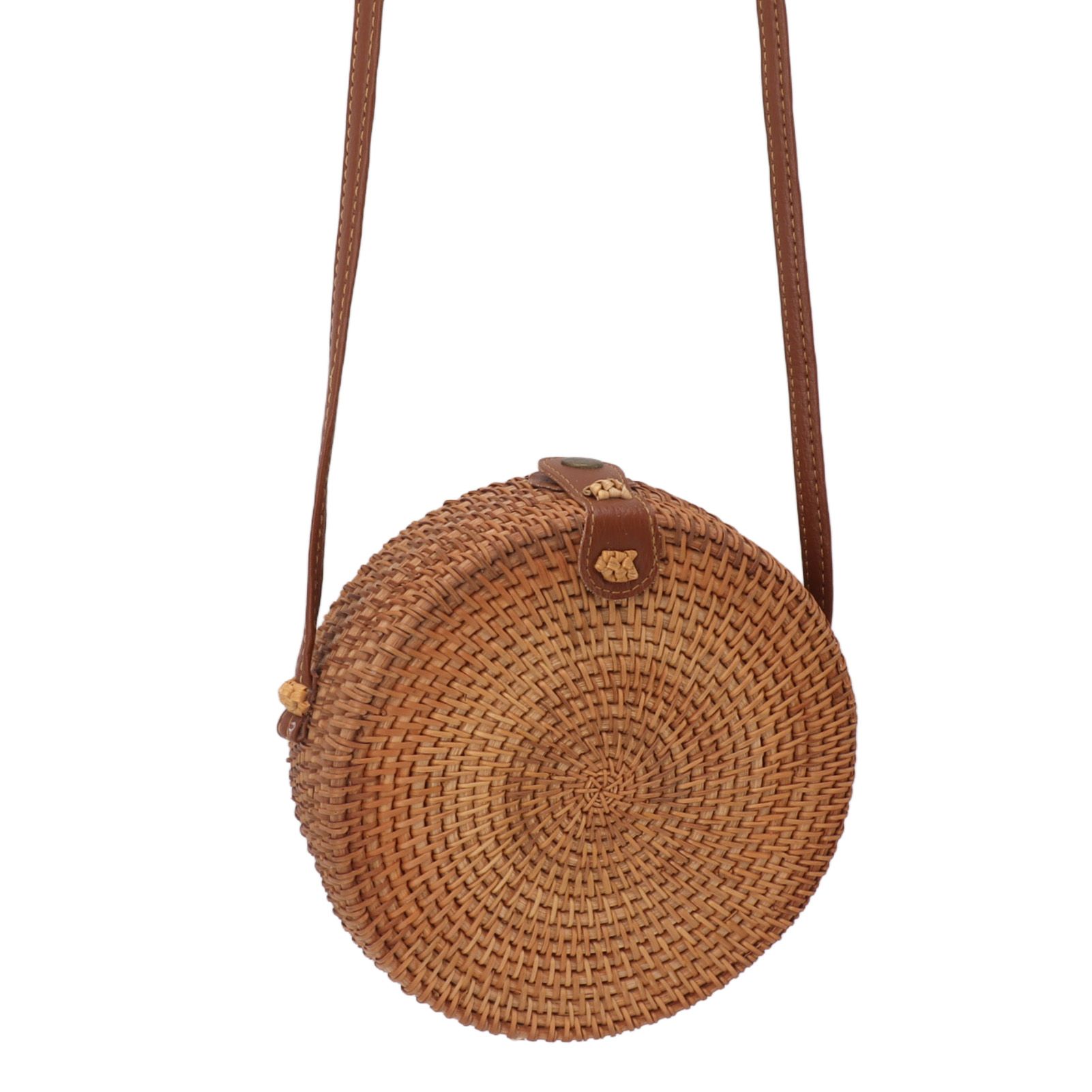 Handwoven Round Rattan Bag Tropical Beach Style Woven Shoulder Rattan Bag with Leather Strap 20cm Diameter Plain Colour Leather Buckle with Lining - Image 8