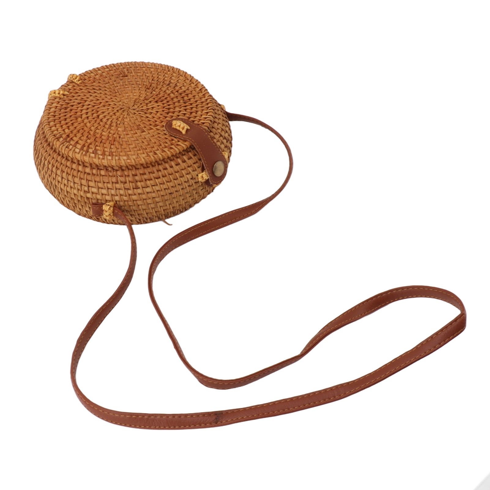 Handwoven Round Rattan Bag Tropical Beach Style Woven Shoulder Rattan Bag with Leather Strap 20cm Diameter Natural Color Oval with Lining - Image 1