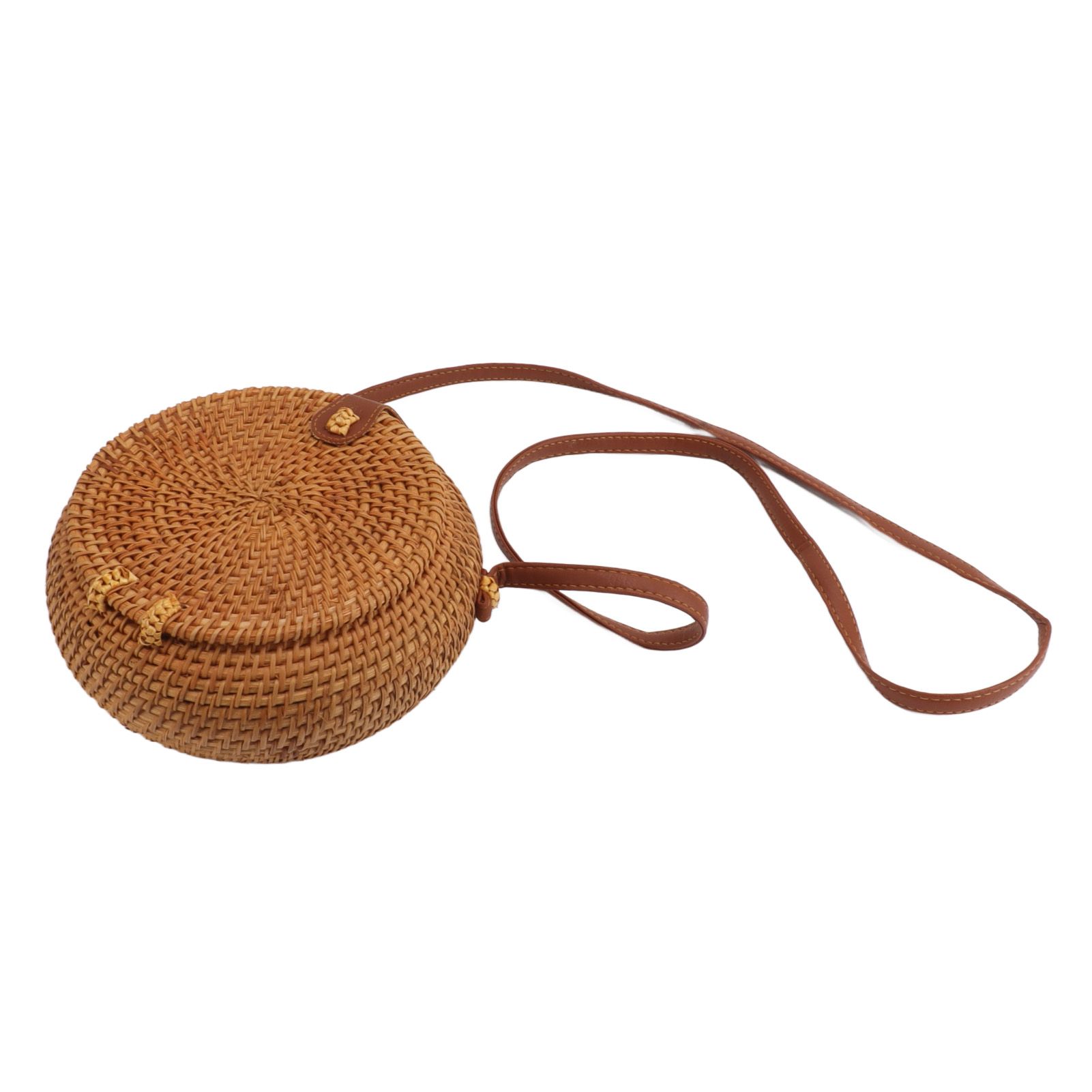 Handwoven Round Rattan Bag Tropical Beach Style Woven Shoulder Rattan Bag with Leather Strap 20cm Diameter Natural Color Oval with Lining - Image 2