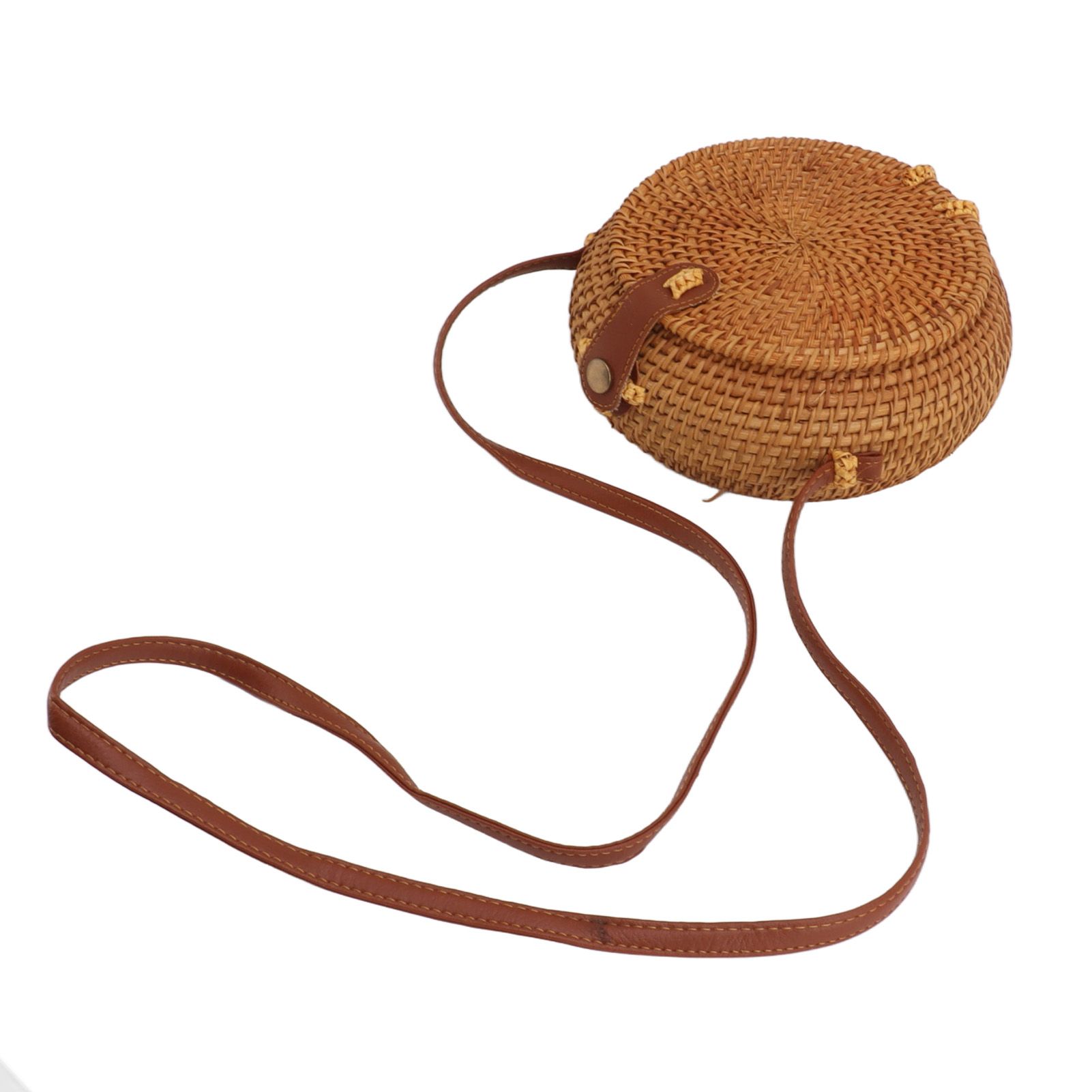Handwoven Round Rattan Bag Tropical Beach Style Woven Shoulder Rattan Bag with Leather Strap 20cm Diameter Natural Color Oval with Lining - Image 7