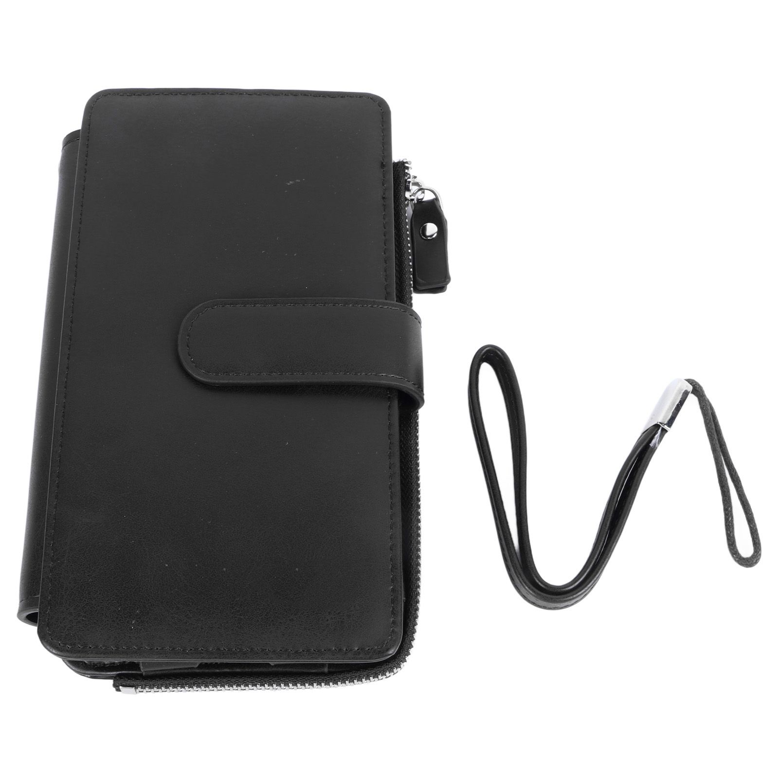 Long Wallet for Men PU Leather Frosted Retro Multifunctional Phone Card Holder Purse Business Handbag with Zipper and Strap Black - Image 1