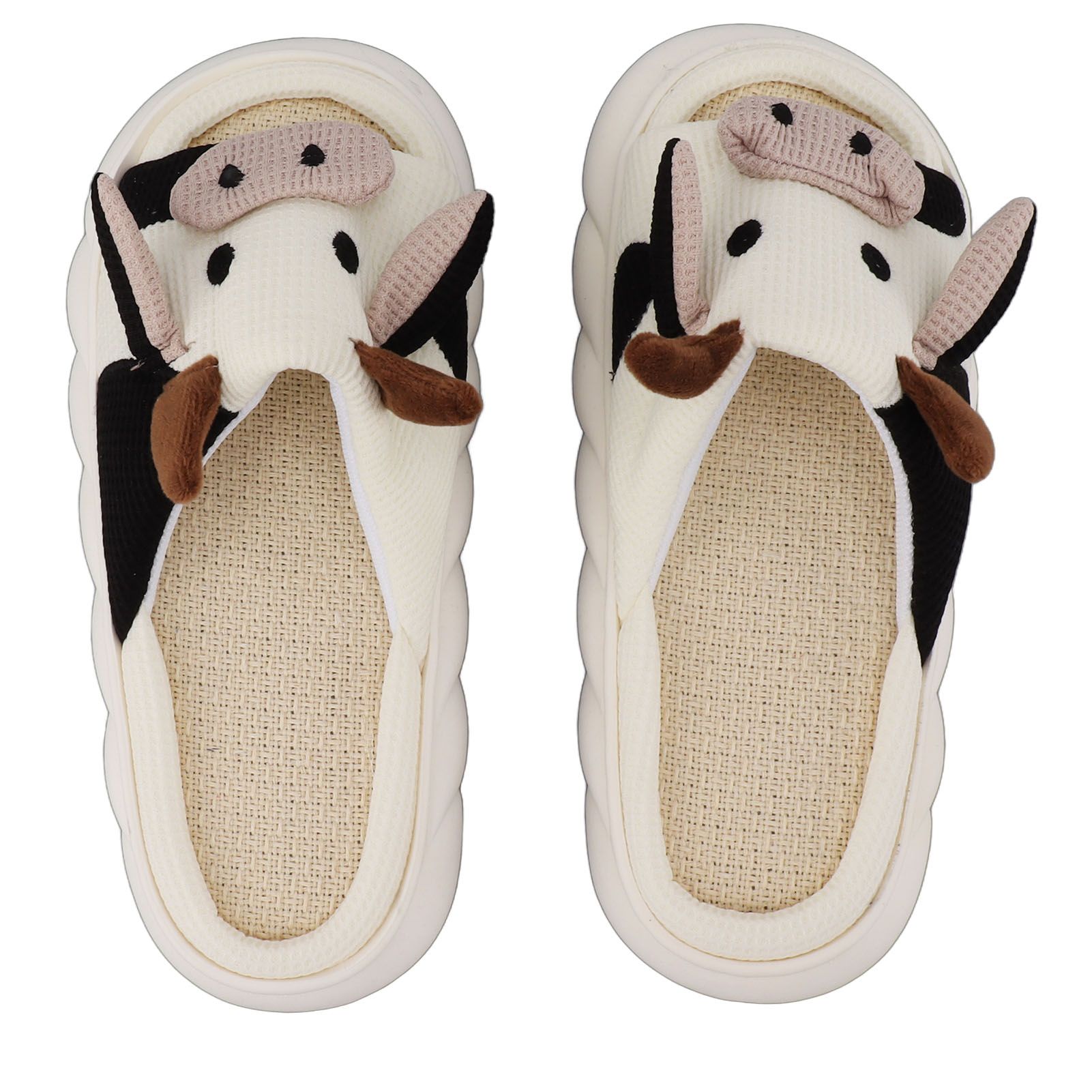Linen Slippers Wear Resistant Comfortable Open Toe Indoor Slippers Sandals for 4 Season Cow Cartoon Pattern 40 41 Size - Image 1