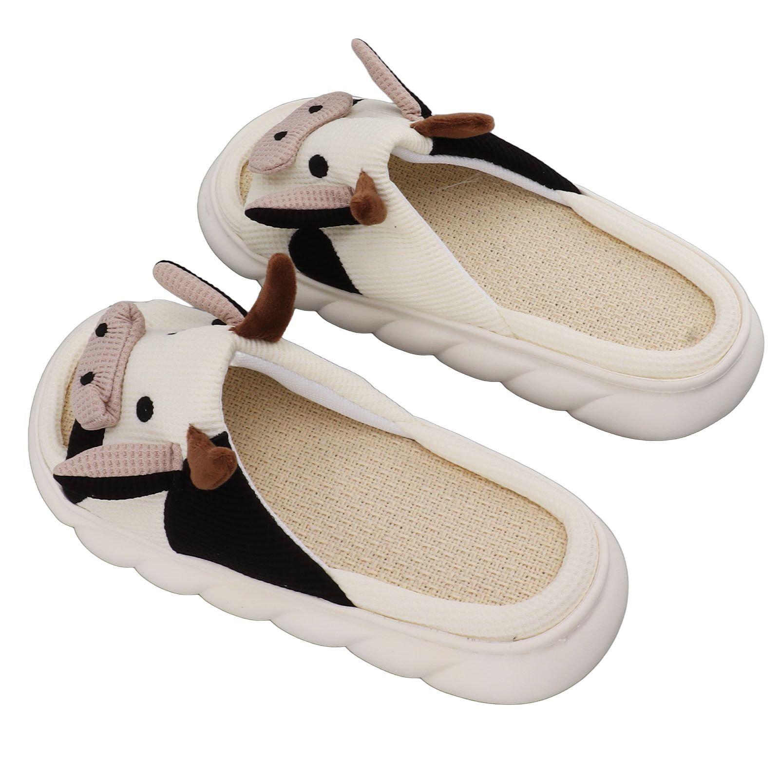Linen Slippers Wear Resistant Comfortable Open Toe Indoor Slippers Sandals for 4 Season Cow Cartoon Pattern 40 41 Size - Image 3