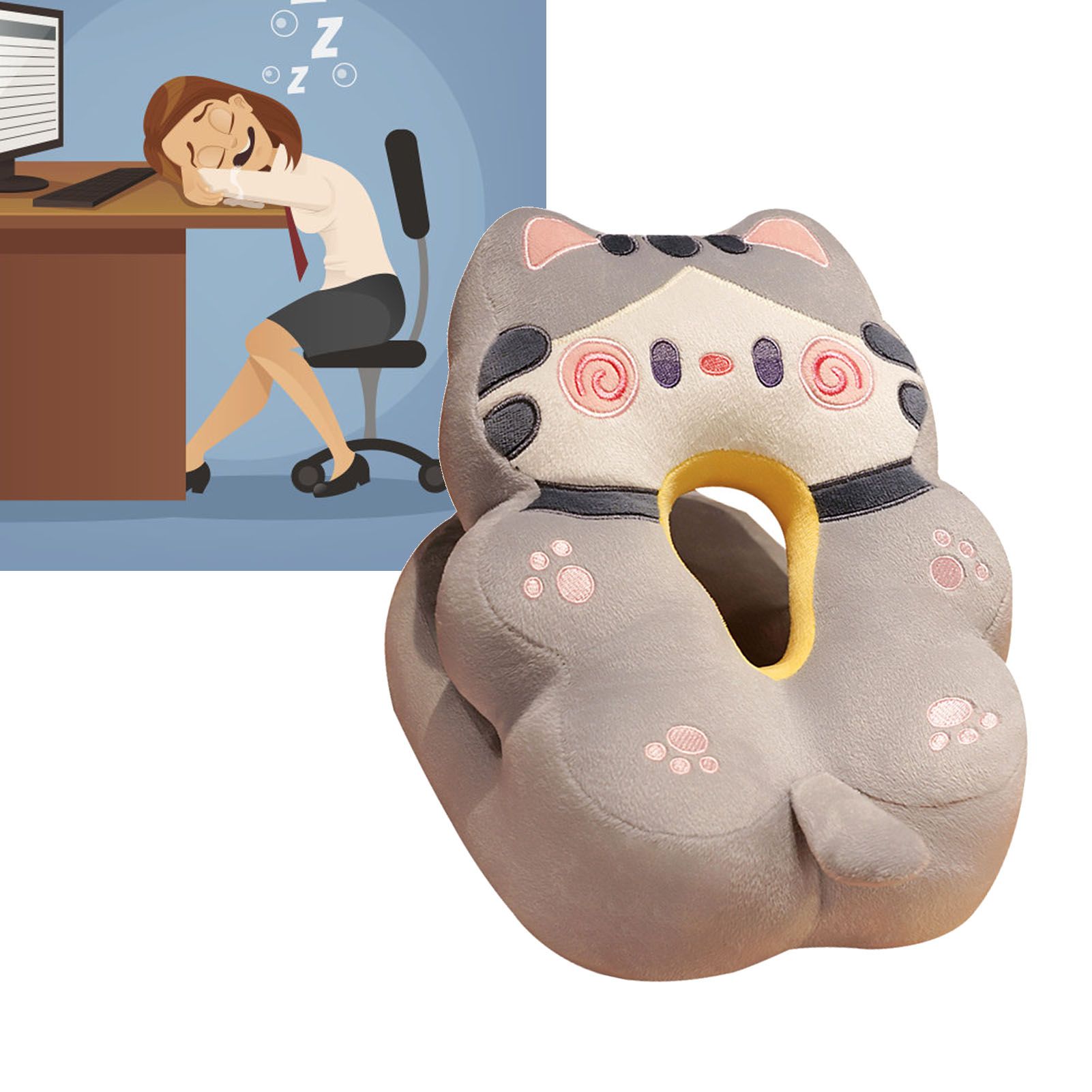 Ice Silk V Shaped Nap Pillow Napping Artifact Cute Animal Sleeping Pillow Cushion for Office Students Grey Cat - Image 6