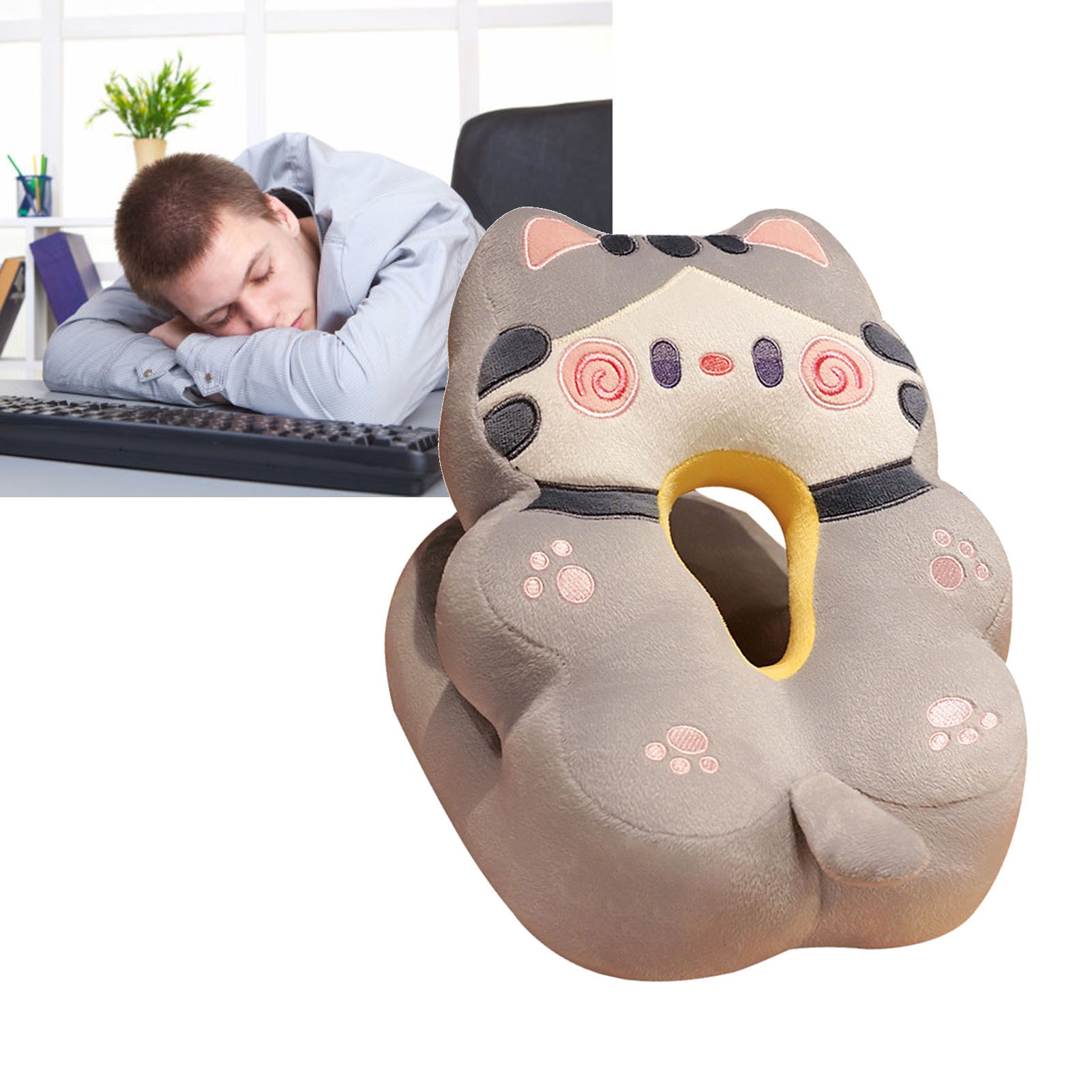 Ice Silk V Shaped Nap Pillow Napping Artifact Cute Animal Sleeping Pillow Cushion for Office Students Grey Cat - Image 8