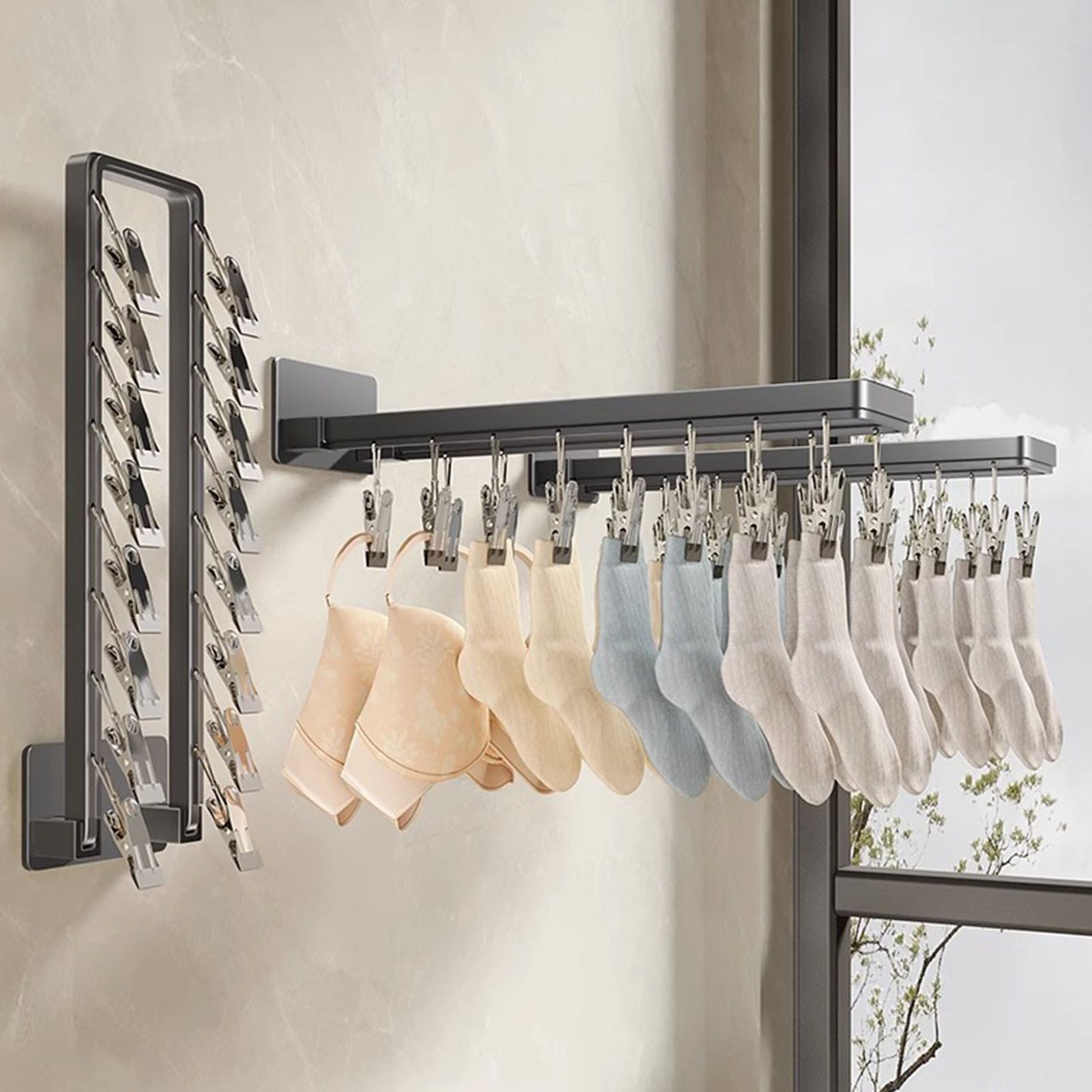 Socks Hanger Wall Mounted Foldable Windproof Zinc Alloy Clip Drying Rack for Underwear Towel 16 Clips (43.3cm/17in) - Image 1
