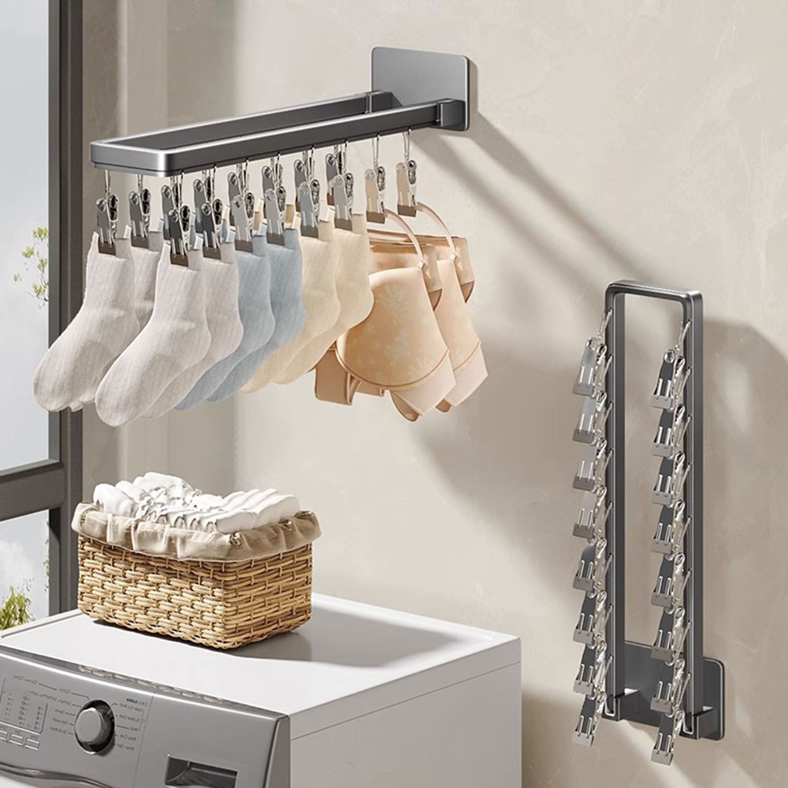 Socks Hanger Wall Mounted Foldable Windproof Zinc Alloy Clip Drying Rack for Underwear Towel 16 Clips (43.3cm/17in) - Image 2