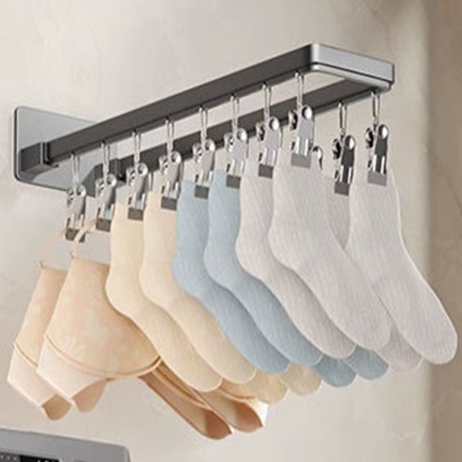 Socks Hanger Wall Mounted Foldable Windproof Zinc Alloy Clip Drying Rack for Underwear Towel 16 Clips (43.3cm/17in) - Image 3