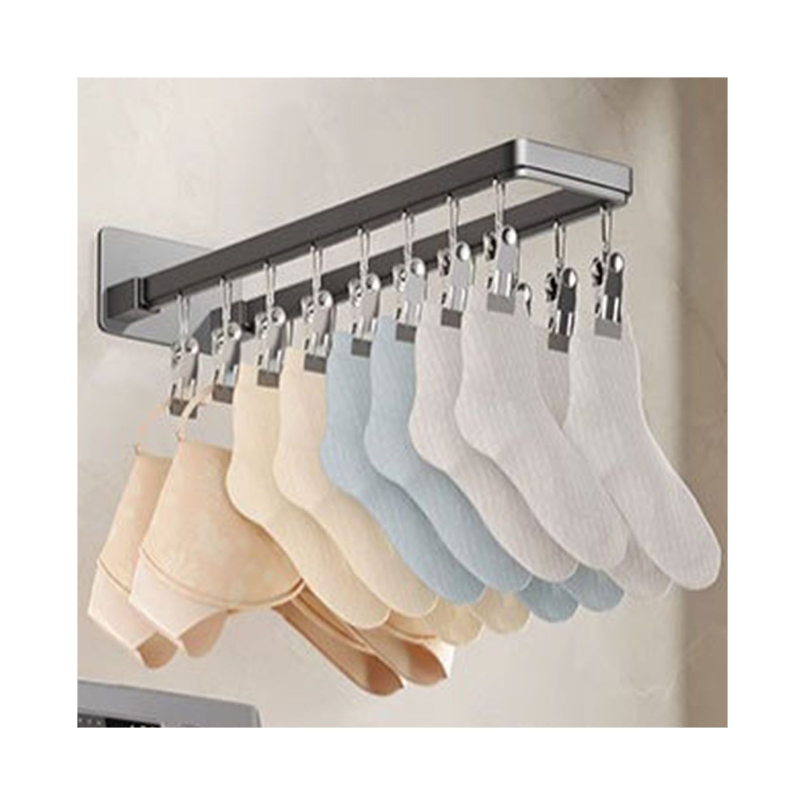 Socks Hanger Wall Mounted Foldable Windproof Zinc Alloy Clip Drying Rack for Underwear Towel 16 Clips (43.3cm/17in) - Image 4