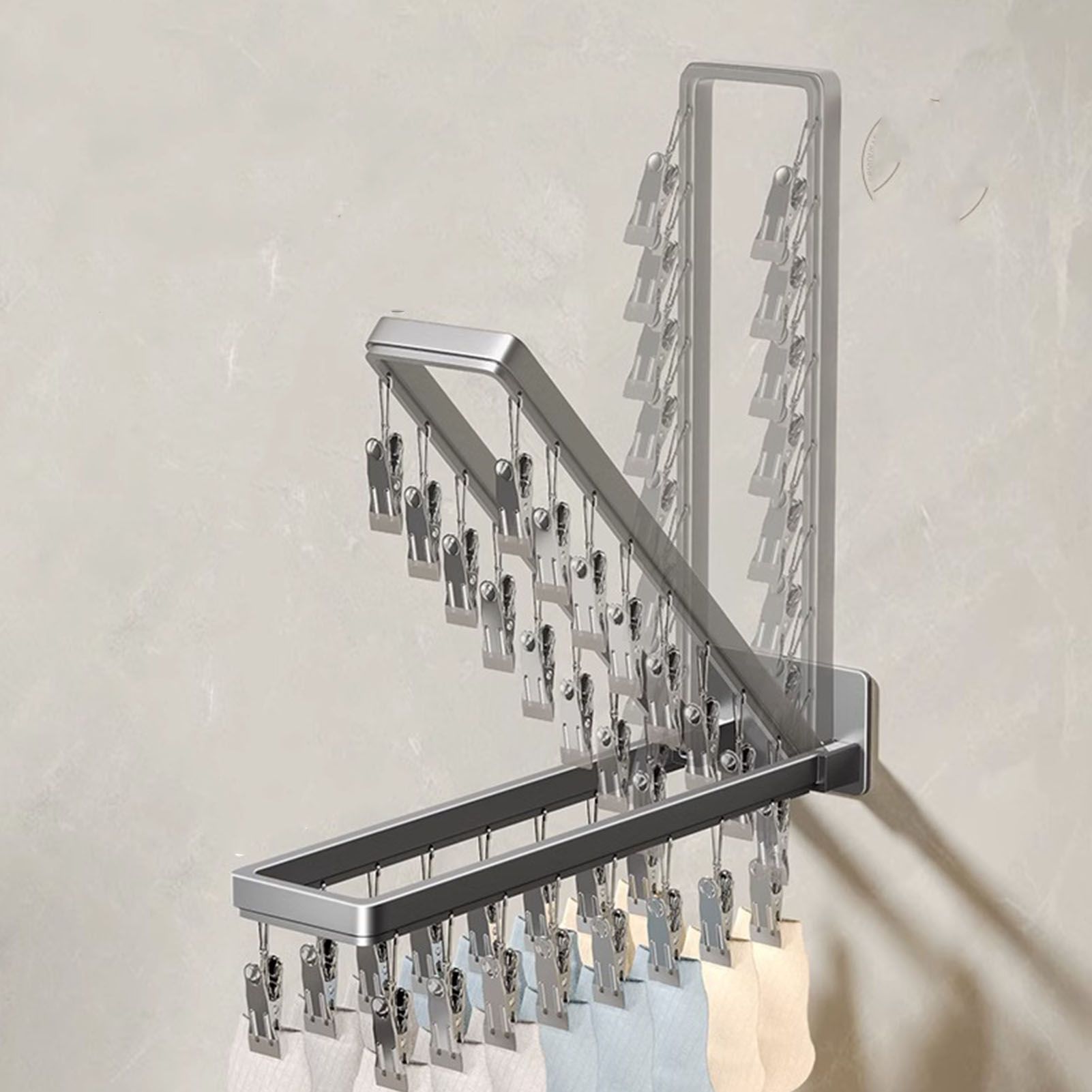 Socks Hanger Wall Mounted Foldable Windproof Zinc Alloy Clip Drying Rack for Underwear Towel 16 Clips (43.3cm/17in) - Image 6