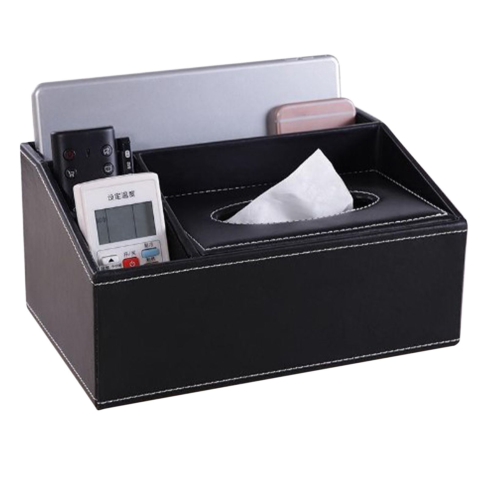 Multifunction Tissue Box Black Multiple Compartments Durable PU Leather Rectangular Tissue Box Cover for House Office - Image 1