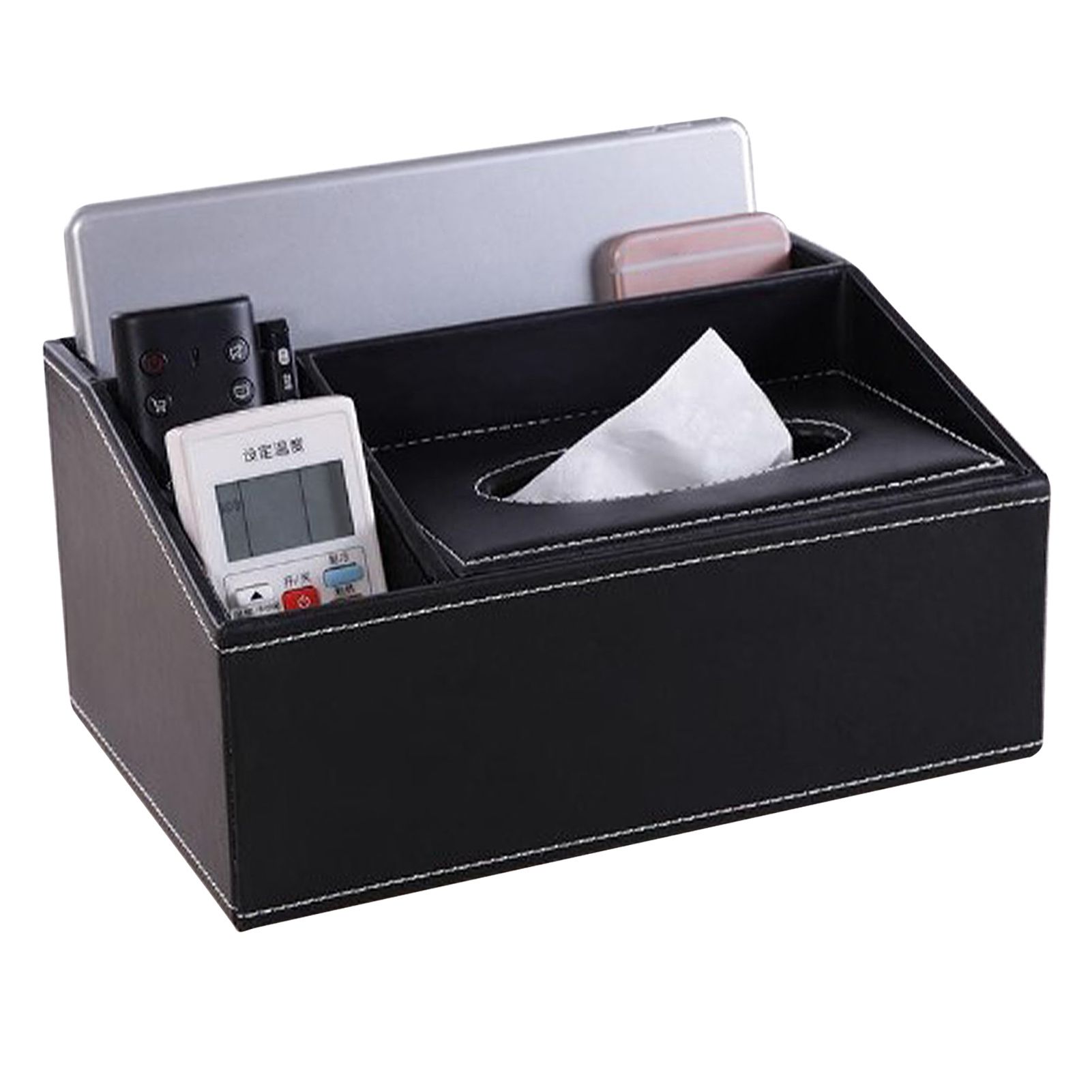 Multifunction Tissue Box Black Multiple Compartments Durable PU Leather Rectangular Tissue Box Cover for House Office - Image 2